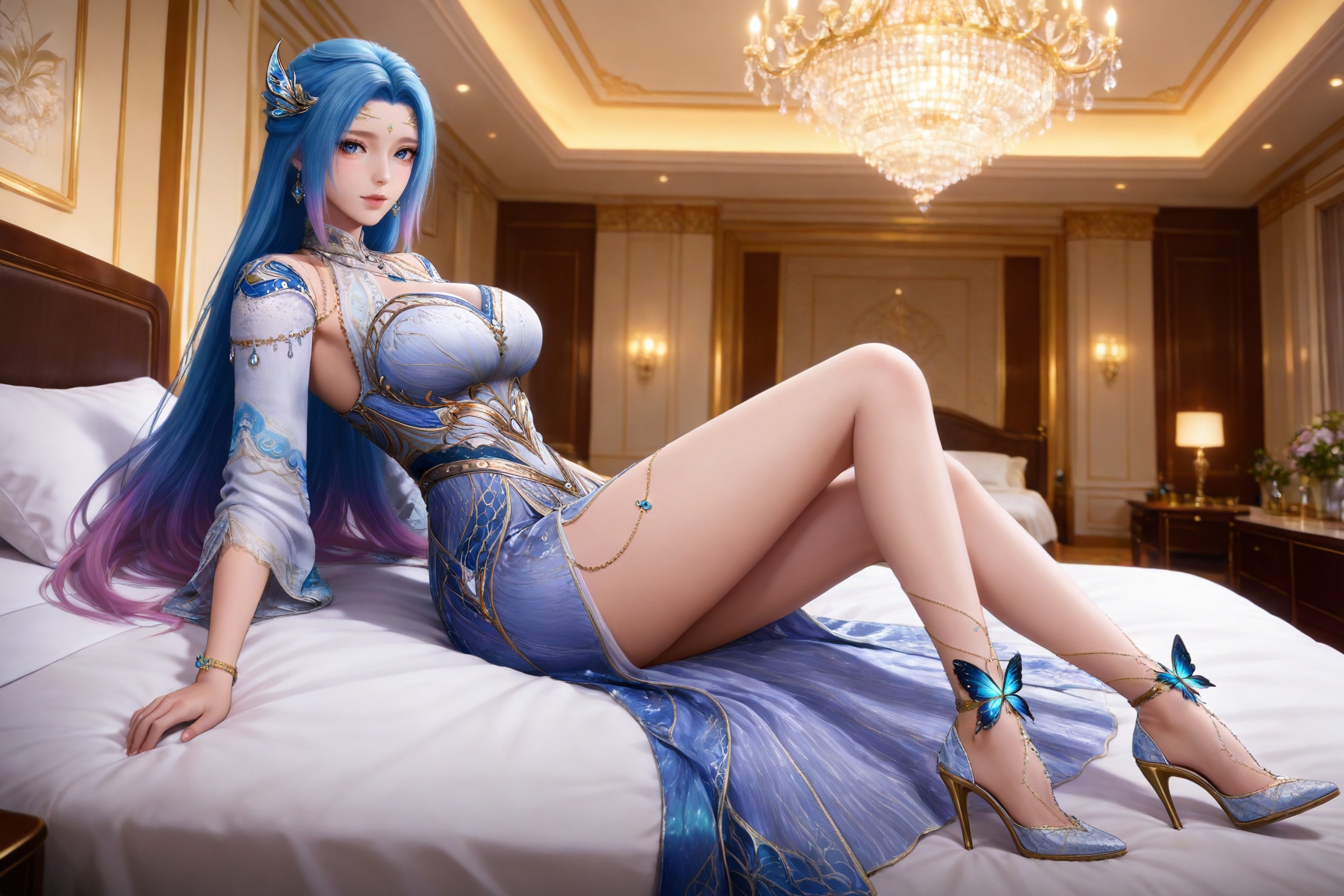 
4K,masterpiece,best quality,very aesthetic,masterpiece,high quality,tall,game cg,highres,(soft light:1.2),(white_skin:0.6),(shiny_skin:0.6),(realistic:1.1),(looking_at_viewer:1.1),
blue hair, long hair, blue eyes, multicolored hair, gradient hair, pink hair, large breasts, forehead mark, tangwutong blue and white dress, cleavage cutout, detached sleeves, necklace, hair_ornament, anklet, bracelet, high_heels, 1girl, solo, jewelry, bare legs, full body, indoors, earrings, bed, lying, on bed, legs, pillow, bug, sitting, butterfly
