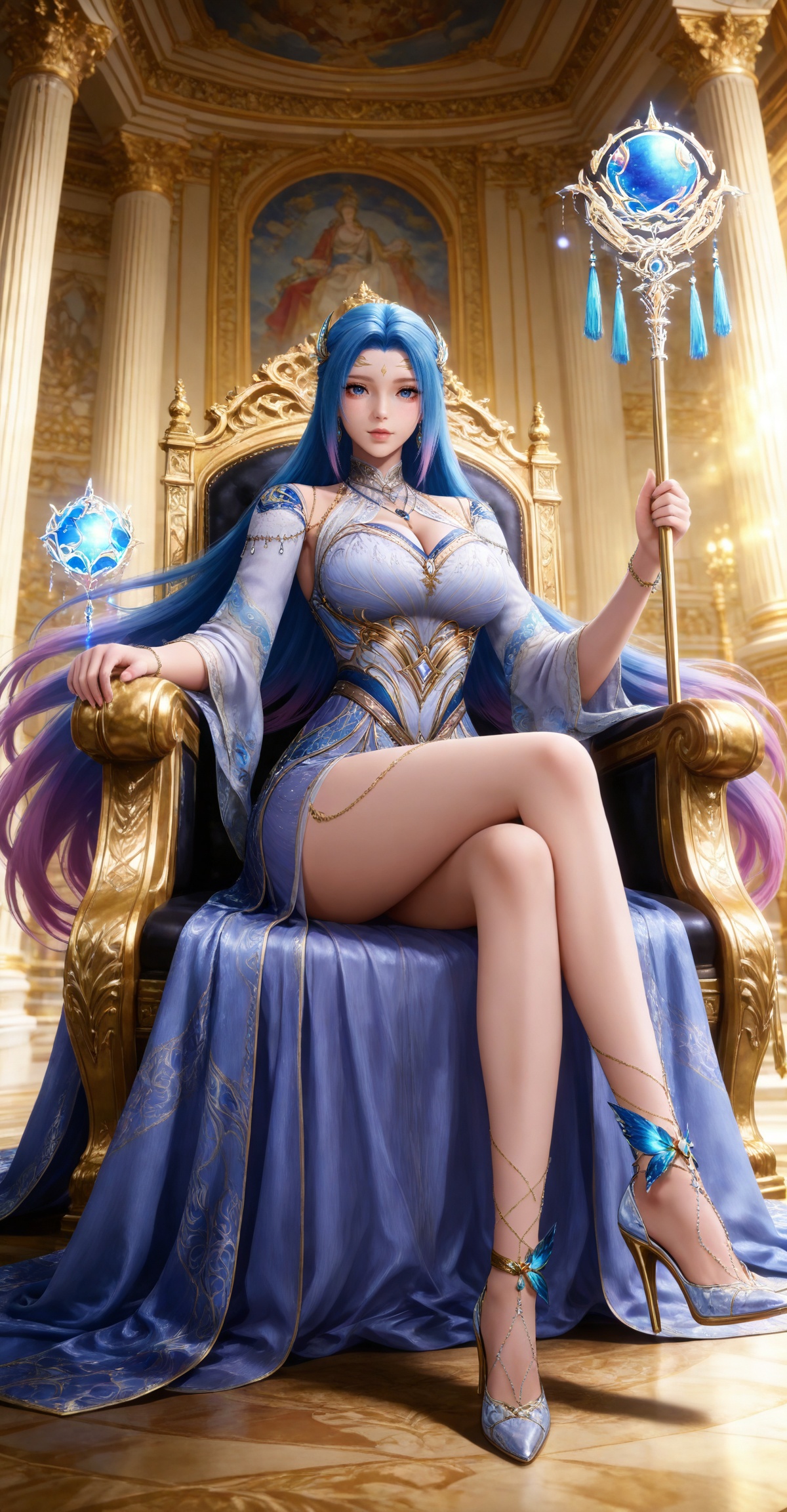
4K,masterpiece,best quality,very aesthetic,masterpiece,high quality,tall,game cg,highres,(soft light:1.2),(white_skin:0.6),(shiny_skin:0.6),(realistic:1.1),(looking_at_viewer:1.1),
blue hair, long hair, blue eyes, multicolored hair, gradient hair, pink hair, large breasts, forehead mark, tangwutong blue and white dress, cleavage cutout, detached sleeves, necklace, hair_ornament, anklet, bracelet, high_heels, holding staff, 1girl, sitting, solo, throne, full body, crossed legs, looking at viewer, jewelry