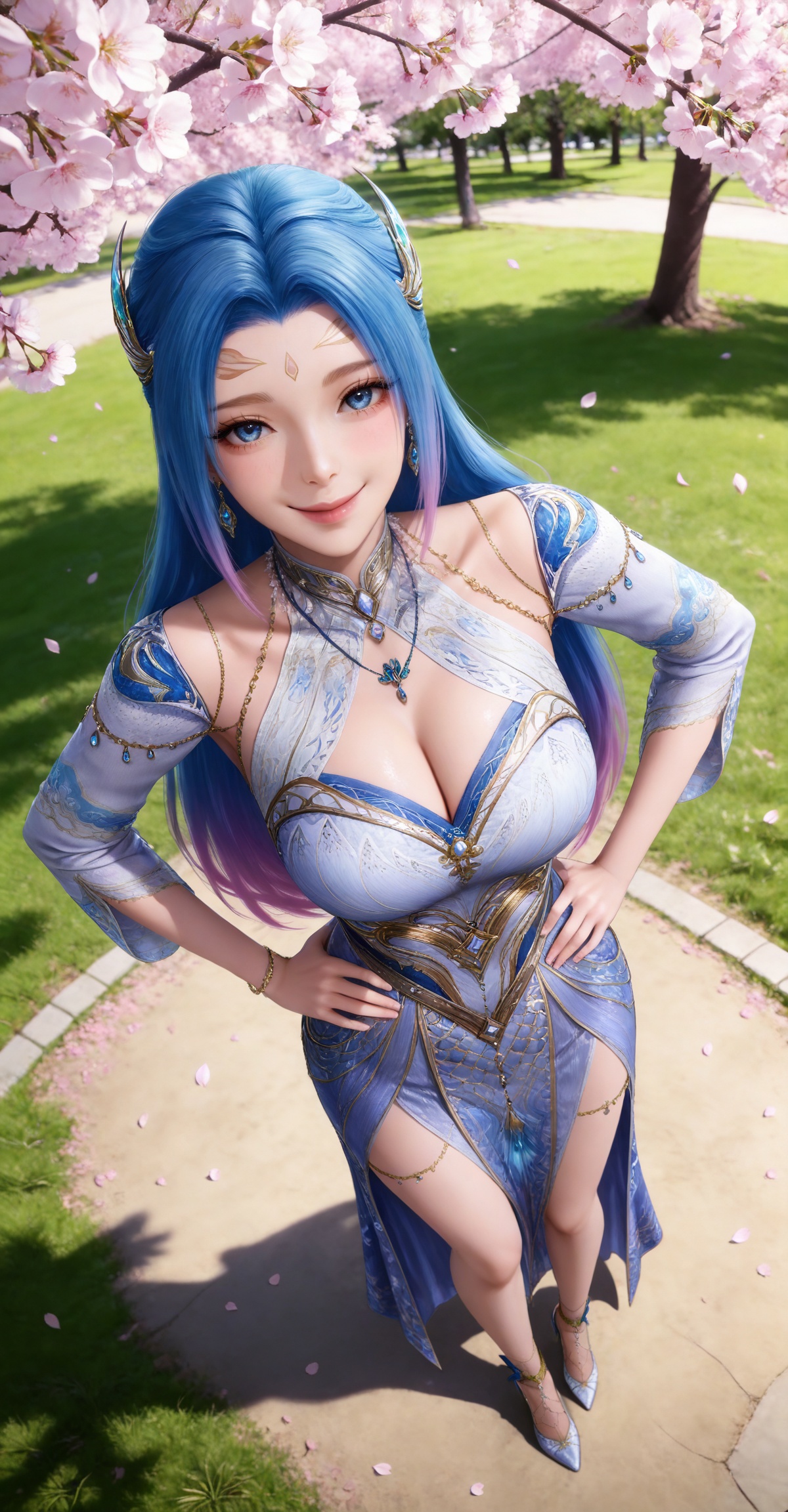 
4K,masterpiece,best quality,very aesthetic,masterpiece,high quality,tall,game cg,highres,(soft light:1.2),(white_skin:0.6),(shiny_skin:0.6),(realistic:1.1),(looking_at_viewer:1.1),
blue hair, long hair, blue eyes, multicolored hair, gradient hair, pink hair, large breasts, forehead mark, tangwutong blue and white dress, cleavage cutout, detached sleeves, necklace, hair_ornament, anklet, bracelet, high_heels, 1girl, hands on own hips, solo, cherry blossoms, jewelry, cleavage, looking at viewer, full body, smile, earrings, from above, petals, outdoors, grass, falling petals, tree