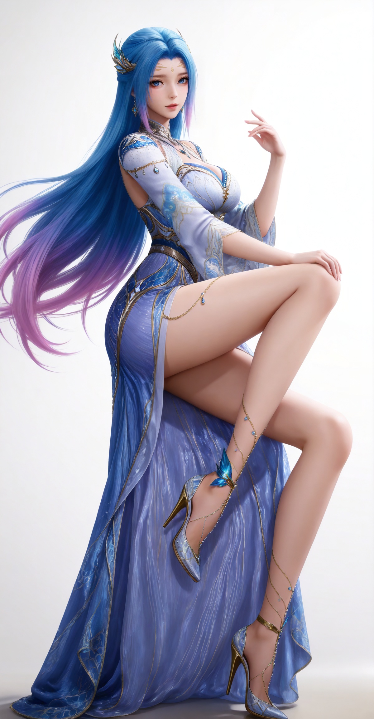 
masterpiece,high quality,tall,game cg,highres,(soft light:1.2),(white_skin:0.6),(shiny_skin:0.6),(realistic:1.1),lvjing,,long hair,blue hair,blue eyes,multicolored hair,gradient hair,pink hair,large breasts,forehead mark,tangwutong blue and white dress,cleavage cutout,detached sleeves,necklace,hair_ornament,legs,long legs,high_heels,white_background,1girl,solo,