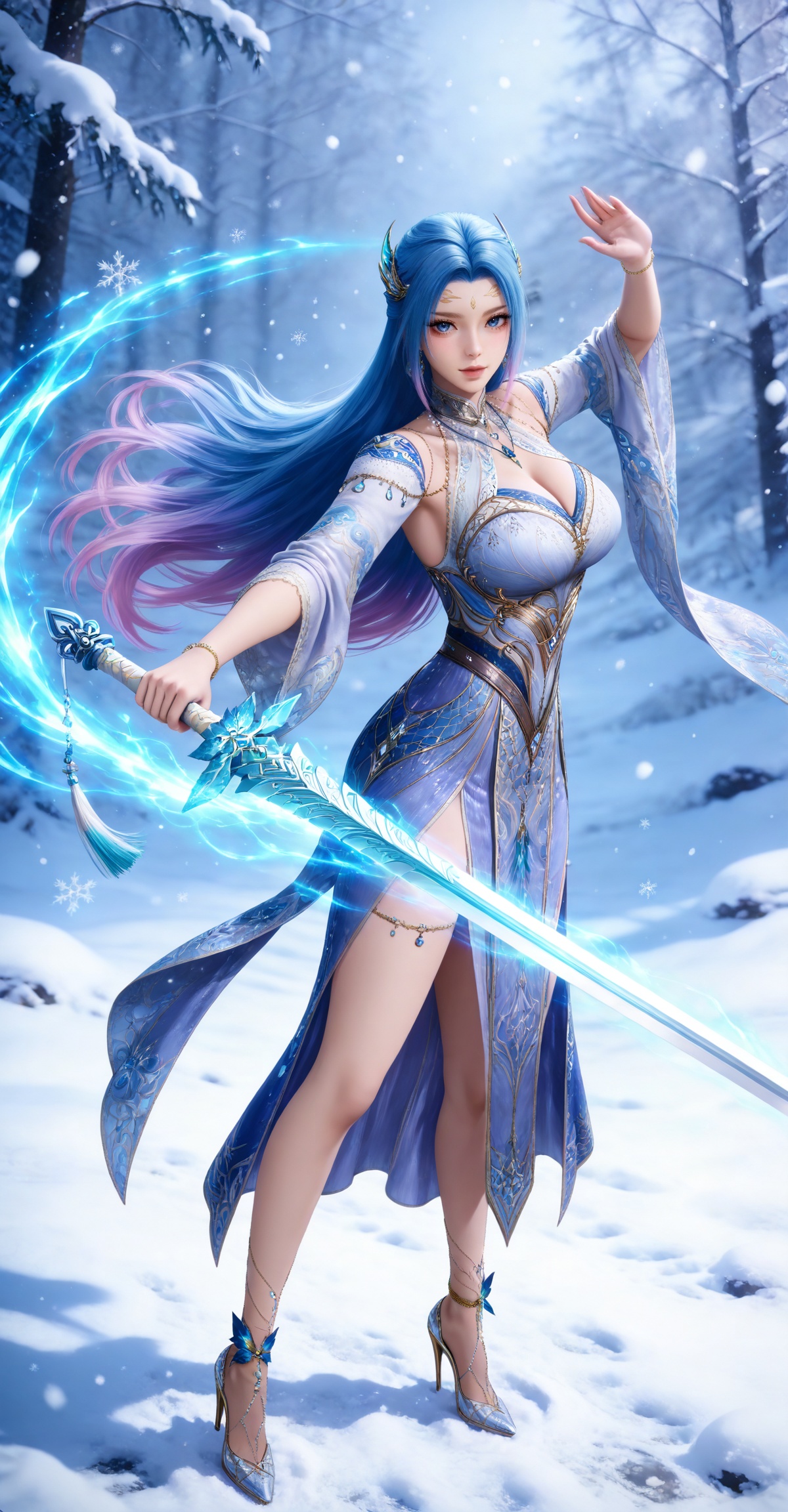 
4K,masterpiece,best quality,very aesthetic,masterpiece,high quality,tall,game cg,highres,(soft light:1.2),(white_skin:0.6),(shiny_skin:0.6),(realistic:1.1),(looking_at_viewer:1.1),
blue hair, long hair, blue eyes, multicolored hair, gradient hair, pink hair, large breasts, forehead mark, tangwutong blue and white dress, cleavage cutout, detached sleeves, necklace, hair_ornament, anklet, bracelet, high_heels, holding sword, glowing sword, 1girl, long hair, snow, solo, snowing, full body, snowflakes, looking at viewer
