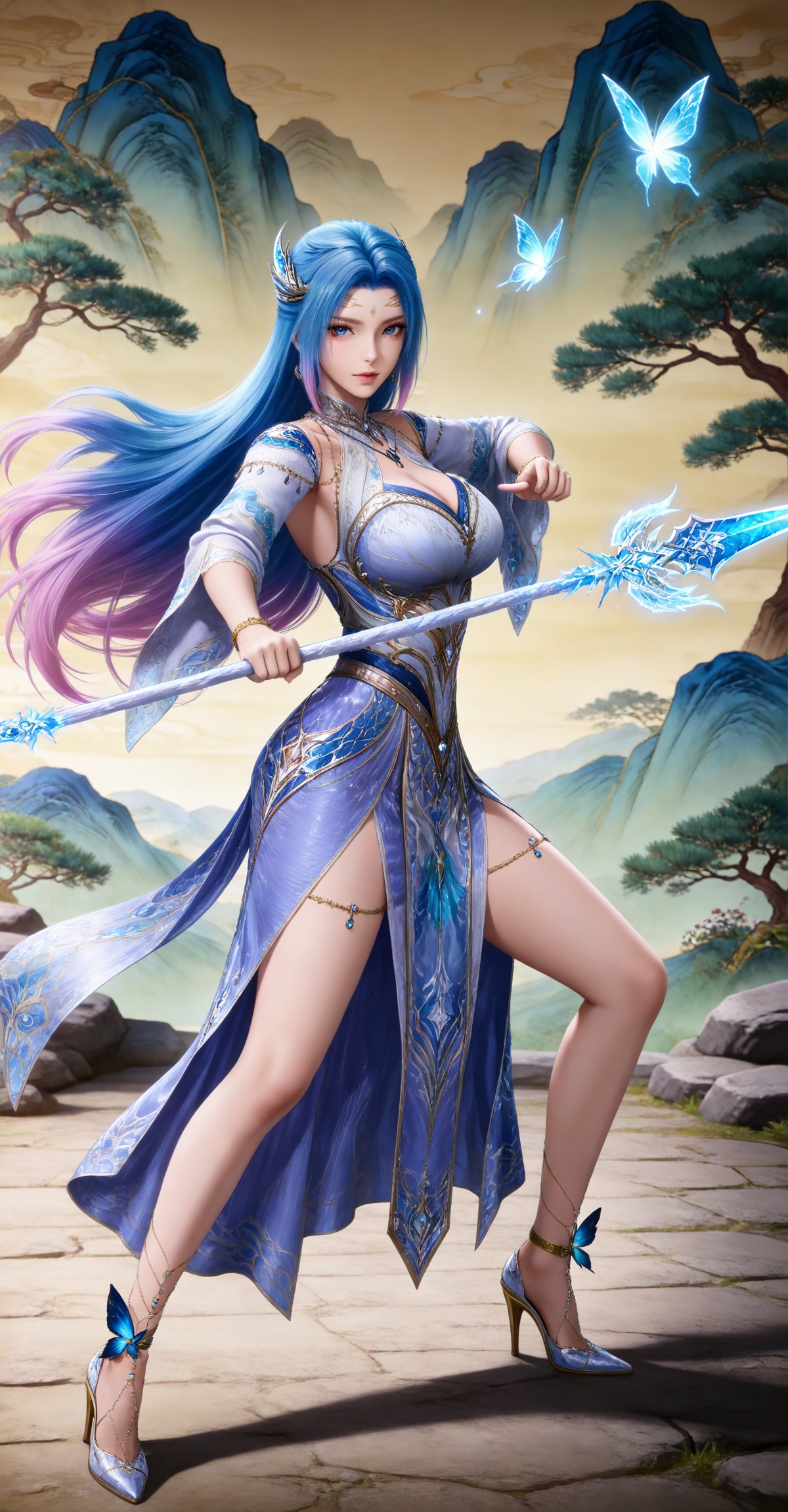 
4K,masterpiece,best quality,very aesthetic,masterpiece,high quality,tall,game cg,highres,(soft light:1.2),(white_skin:0.6),(shiny_skin:0.6),(realistic:1.1),(looking_at_viewer:1.1),
blue hair, long hair, blue eyes, multicolored hair, gradient hair, pink hair, large breasts, forehead mark, tangwutong blue and white dress, cleavage cutout, detached sleeves, necklace, hair_ornament, anklet, bracelet, high_heels, holding polearm, 1girl, high heels, full body, solo, bug, butterfly, jewelry, mountain, fighting stance, bare legs
