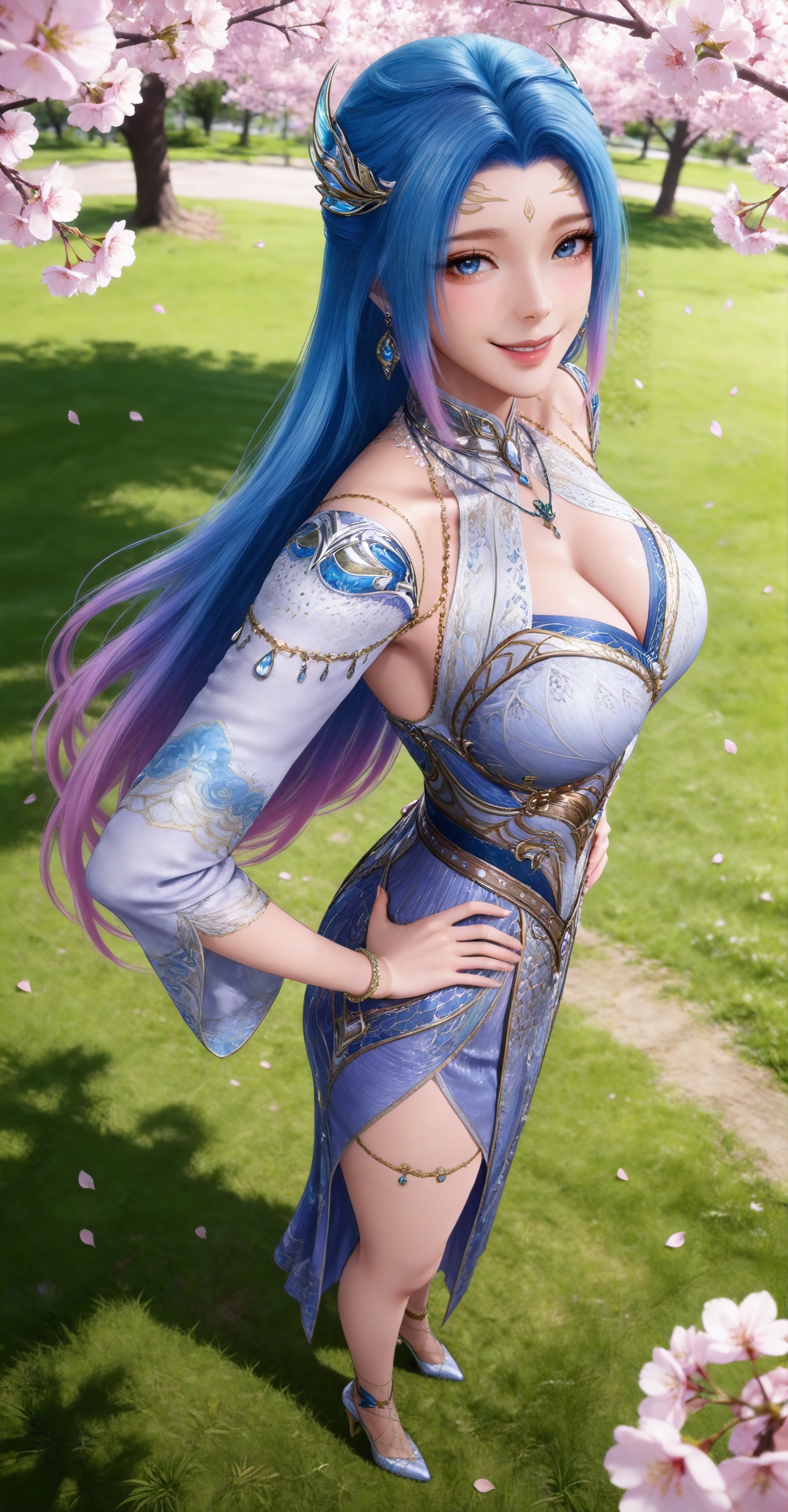 
4K,masterpiece,best quality,very aesthetic,masterpiece,high quality,tall,game cg,highres,(soft light:1.2),(white_skin:0.6),(shiny_skin:0.6),(realistic:1.1),(looking_at_viewer:1.1),
blue hair, long hair, blue eyes, multicolored hair, gradient hair, pink hair, large breasts, forehead mark, tangwutong blue and white dress, cleavage cutout, detached sleeves, necklace, hair_ornament, anklet, bracelet, high_heels, 1girl, hands on own hips, solo, cherry blossoms, jewelry, cleavage, looking at viewer, full body, smile, earrings, from above, petals, outdoors, grass, falling petals, tree