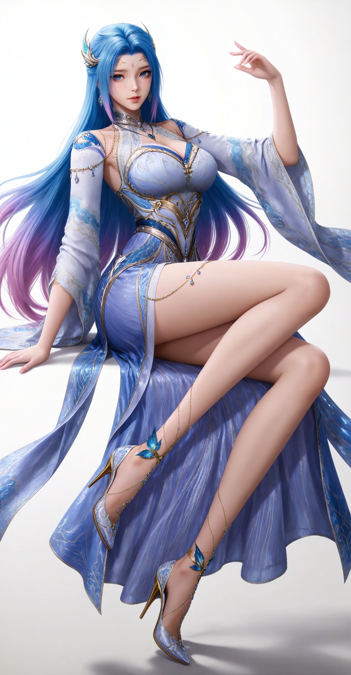 
masterpiece,high quality,tall,game cg,highres,(soft light:1.2),(white_skin:0.6),(shiny_skin:0.6),(realistic:1.1),lvjing,,long hair,blue hair,blue eyes,multicolored hair,gradient hair,pink hair,large breasts,forehead mark,tangwutong blue and white dress,cleavage cutout,detached sleeves,necklace,hair_ornament,legs,long legs,high_heels,white_background,1girl,solo,