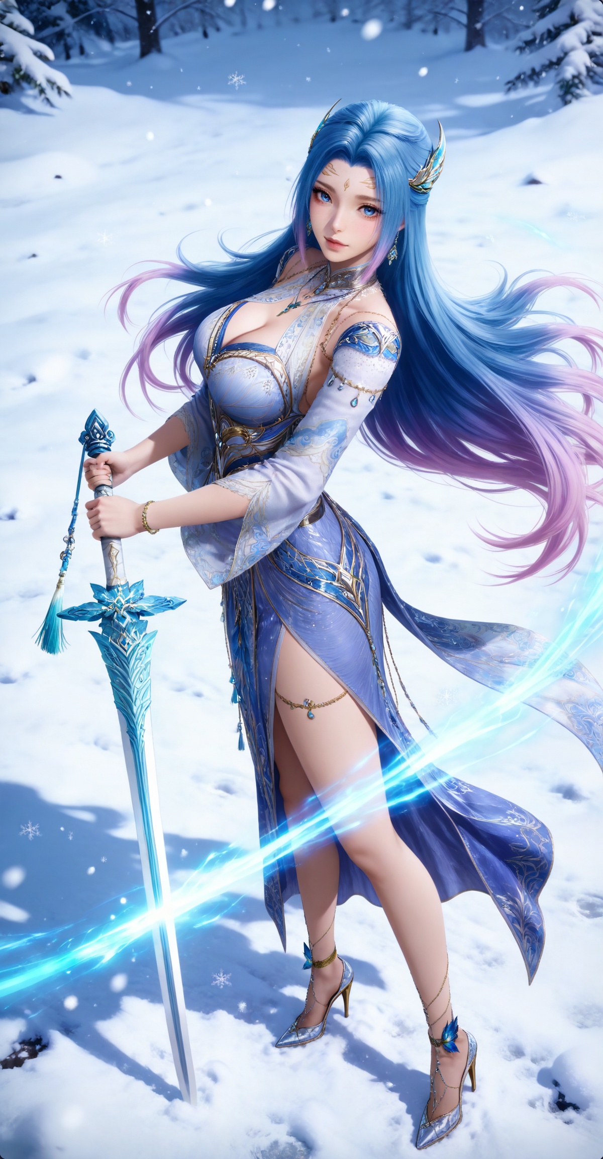 
4K,masterpiece,best quality,very aesthetic,masterpiece,high quality,tall,game cg,highres,(soft light:1.2),(white_skin:0.6),(shiny_skin:0.6),(realistic:1.1),(looking_at_viewer:1.1),
blue hair, long hair, blue eyes, multicolored hair, gradient hair, pink hair, large breasts, forehead mark, tangwutong blue and white dress, cleavage cutout, detached sleeves, necklace, hair_ornament, anklet, bracelet, high_heels, holding sword, glowing sword, 1girl, long hair, snow, solo, snowing, full body, snowflakes, looking at viewer