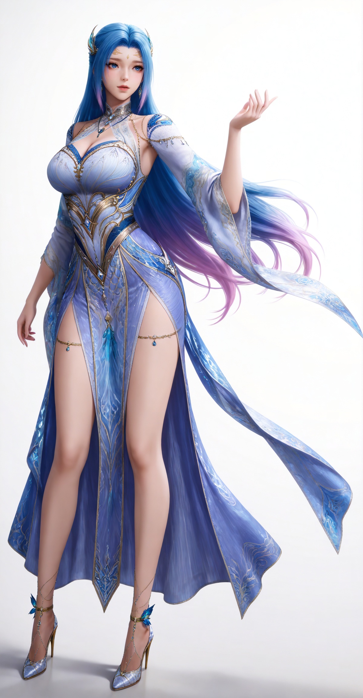 
masterpiece,high quality,tall,game cg,highres,(soft light:1.2),(white_skin:0.6),(shiny_skin:0.6),(realistic:1.1),lvjing,,long hair,blue hair,blue eyes,multicolored hair,gradient hair,pink hair,large breasts,forehead mark,tangwutong blue and white dress,cleavage cutout,detached sleeves,necklace,hair_ornament,legs,long legs,high_heels,white_background,1girl,solo,