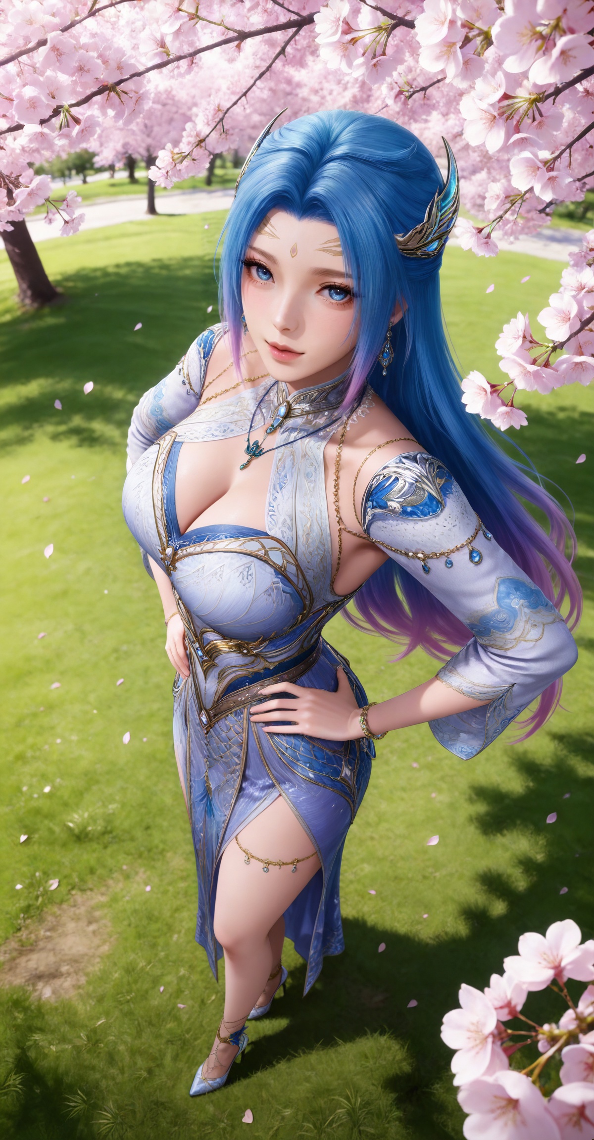 
4K,masterpiece,best quality,very aesthetic,masterpiece,high quality,tall,game cg,highres,(soft light:1.2),(white_skin:0.6),(shiny_skin:0.6),(realistic:1.1),(looking_at_viewer:1.1),
blue hair, long hair, blue eyes, multicolored hair, gradient hair, pink hair, large breasts, forehead mark, tangwutong blue and white dress, cleavage cutout, detached sleeves, necklace, hair_ornament, anklet, bracelet, high_heels, 1girl, hands on own hips, solo, cherry blossoms, jewelry, cleavage, looking at viewer, full body,  earrings, from above, petals, outdoors, grass, falling petals, tree
