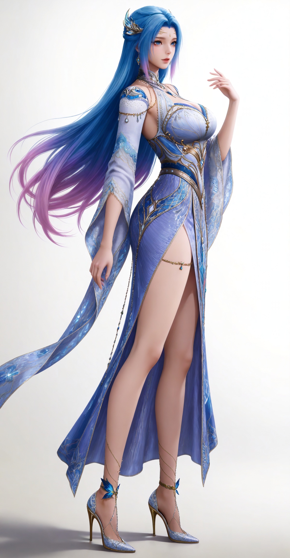 
masterpiece,high quality,tall,game cg,highres,(soft light:1.2),(white_skin:0.6),(shiny_skin:0.6),(realistic:1.1),lvjing,,long hair,blue hair,blue eyes,multicolored hair,gradient hair,pink hair,large breasts,forehead mark,tangwutong blue and white dress,cleavage cutout,detached sleeves,necklace,hair_ornament,legs,long legs,high_heels,white_background,1girl,solo,