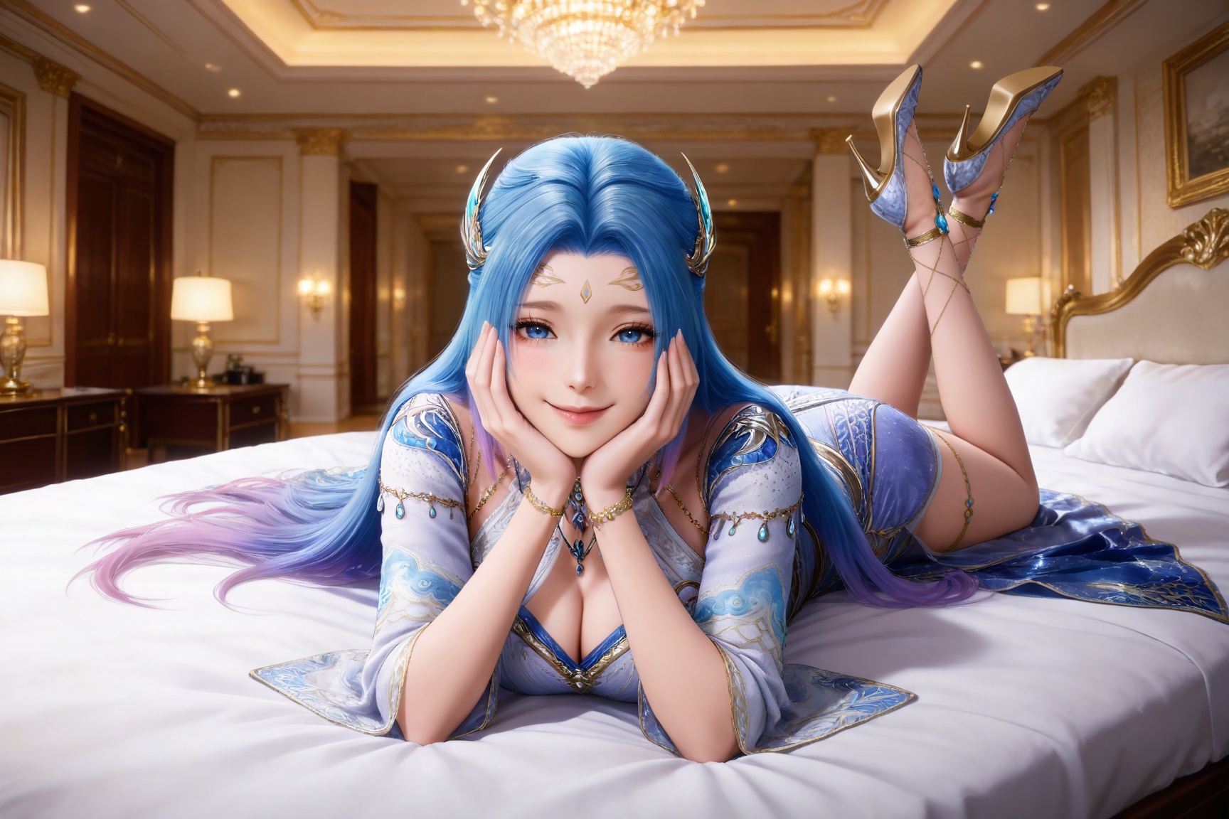 
4K,masterpiece,best quality,very aesthetic,masterpiece,high quality,tall,game cg,highres,(soft light:1.2),(white_skin:0.6),(shiny_skin:0.6),(realistic:1.1),(looking_at_viewer:1.1),
blue hair, long hair, blue eyes, multicolored hair, gradient hair, pink hair, large breasts, forehead mark, tangwutong blue and white dress, cleavage cutout, detached sleeves, necklace, hair_ornament, anklet, bracelet, high_heels, 1girl, lying, on stomach, solo, bed, on bed, pillow, looking at viewer, full body, the pose, hands on own face, thighlet, hands on own cheeks, indoors, legs up, smile, lamp