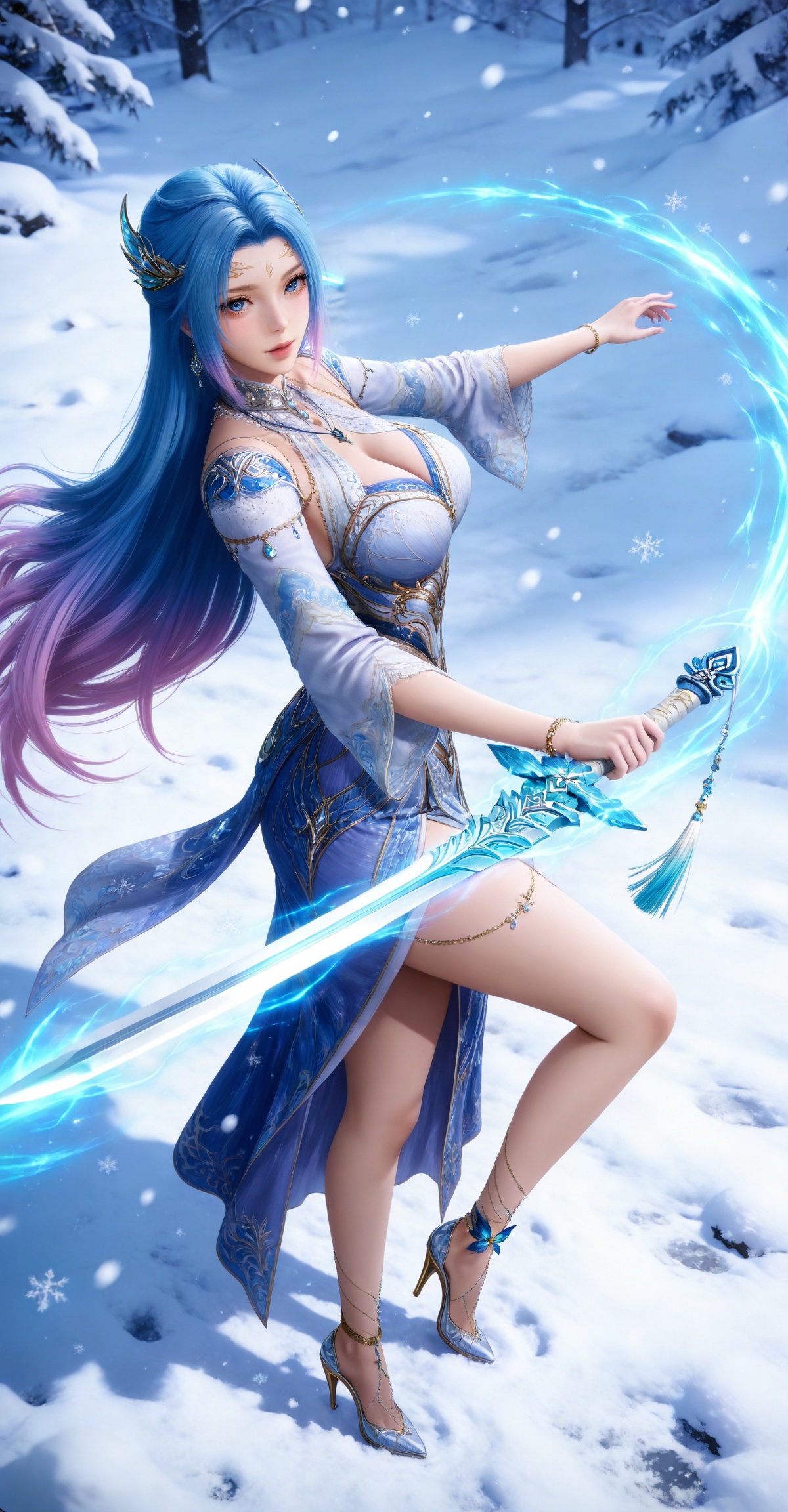 
4K,masterpiece,best quality,very aesthetic,masterpiece,high quality,tall,game cg,highres,(soft light:1.2),(white_skin:0.6),(shiny_skin:0.6),(realistic:1.1),(looking_at_viewer:1.1),
blue hair, long hair, blue eyes, multicolored hair, gradient hair, pink hair, large breasts, forehead mark, tangwutong blue and white dress, cleavage cutout, detached sleeves, necklace, hair_ornament, anklet, bracelet, high_heels, holding sword, glowing sword, 1girl, long hair, snow, solo, snowing, full body, snowflakes, looking at viewer