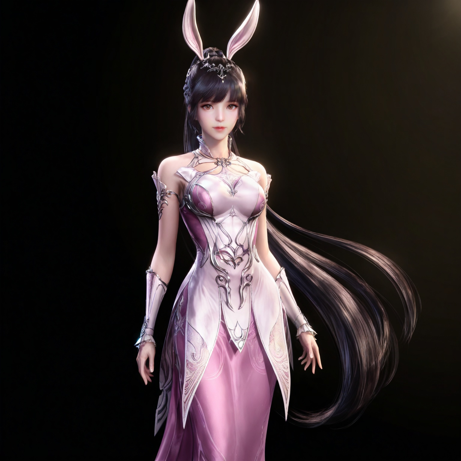 
masterpiece,high quality,tall,game cg,highres,(soft light:1.2),(white_skin:0.6),(shiny_skin:0.6),(realistic:1.1),lvjing,xiaowu,1girl,solo,long hair,dress,hair ornament,ponytail,brown eyes,brown hair,rabbit ears,animal ears,pink dress,metal collar,collar,bare shoulders,black hair,braid,looking_at_viewer,black_background,simple background,very long hair,high ponytail,