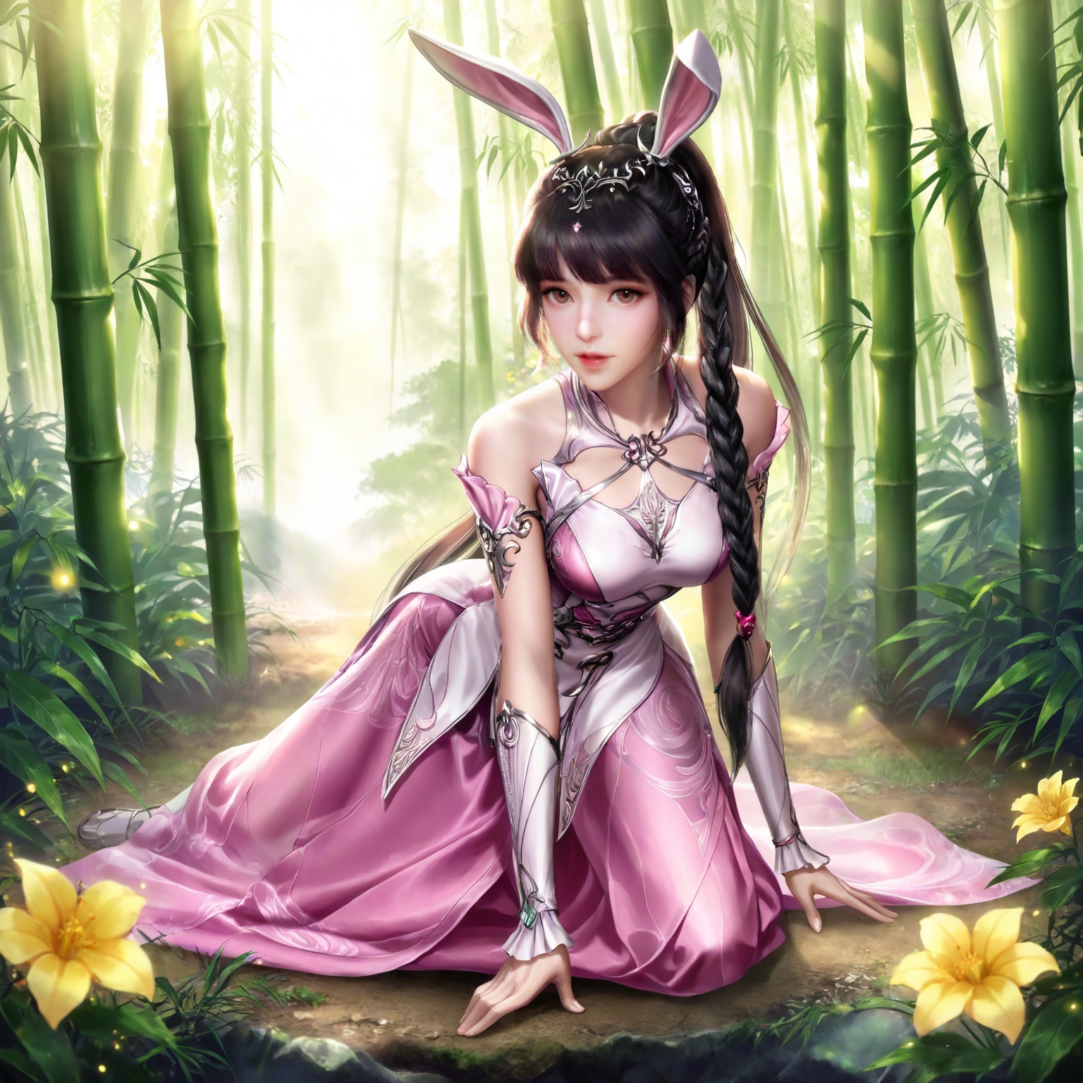 
masterpiece,high quality,tall,game cg,highres,(soft light:1.2),(white_skin:0.6),(shiny_skin:0.6),(realistic:1.1),lvjing,xiaowu,1girl,solo,long hair,dress,hair ornament,ponytail,brown eyes,brown hair,rabbit ears,animal ears,pink dress,metal collar,collar,bare shoulders,black hair,braid,looking_at_viewer,nature,bamboo,flower,full body,