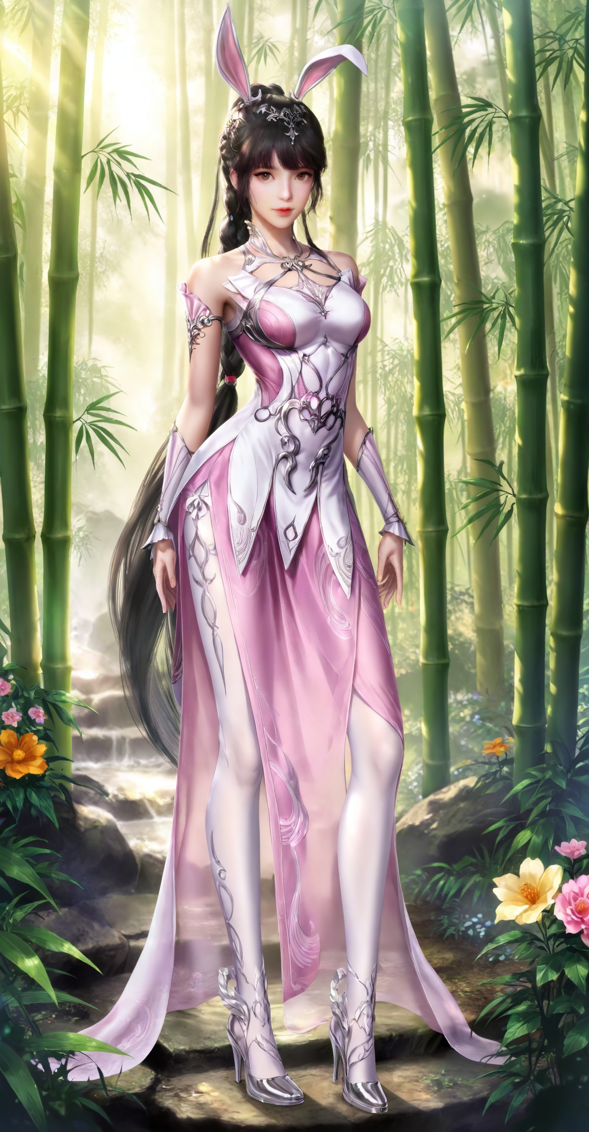 
masterpiece,high quality,tall,game cg,highres,(soft light:1.2),(white_skin:0.6),(shiny_skin:0.6),(realistic:1.1),lvjing,xiaowu,1girl,solo,long hair,dress,hair ornament,ponytail,brown eyes,brown hair,rabbit ears,animal ears,pink dress,metal collar,collar,bare shoulders,black hair,braid,legs,long legs,high_heels,white_pantyhose,looking_at_viewer,nature,bamboo,flower,full body,
