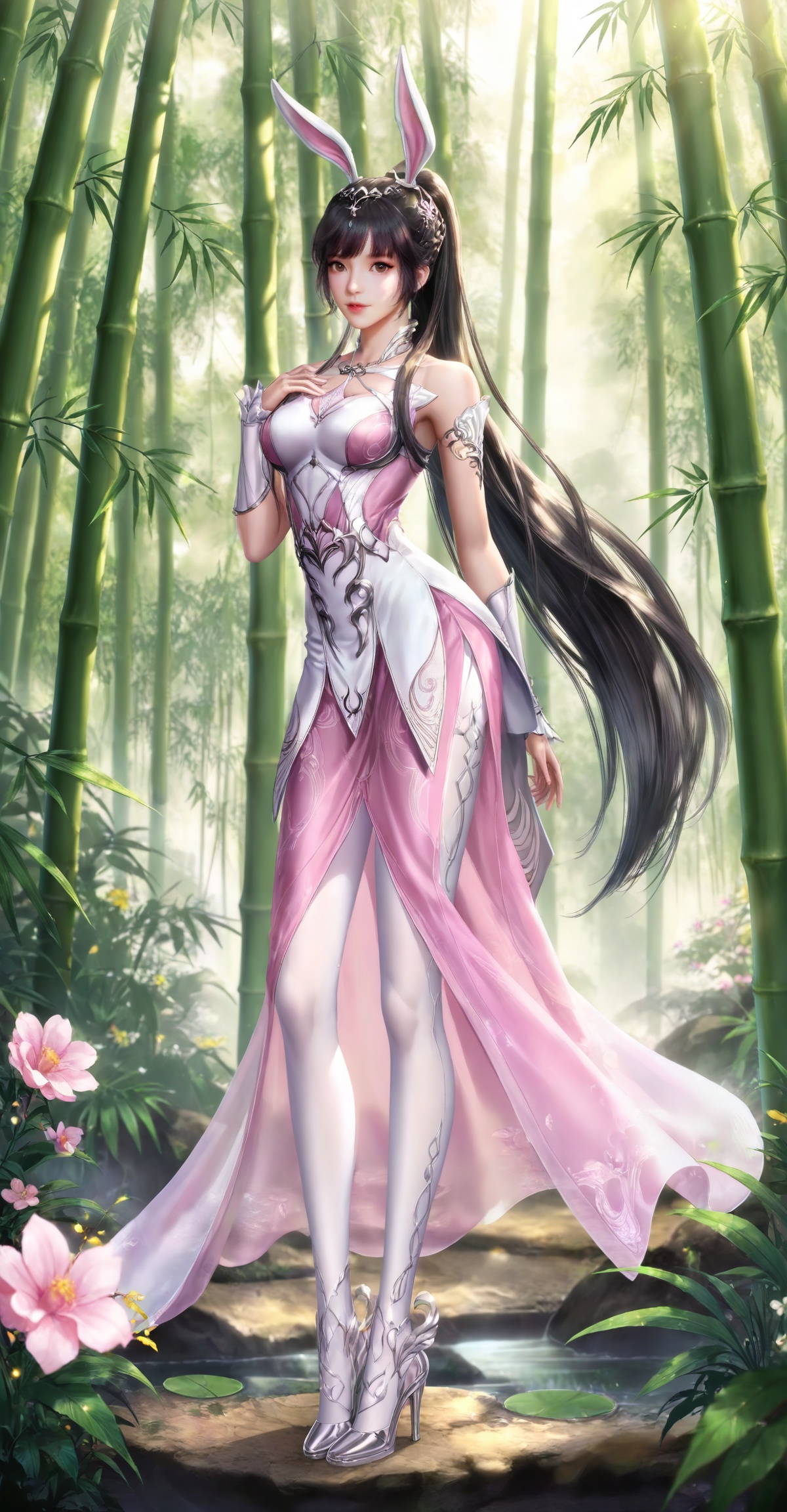 
masterpiece,high quality,tall,game cg,highres,(soft light:1.2),(white_skin:0.6),(shiny_skin:0.6),(realistic:1.1),lvjing,xiaowu,1girl,solo,long hair,dress,hair ornament,ponytail,brown eyes,brown hair,rabbit ears,animal ears,pink dress,metal collar,collar,bare shoulders,black hair,braid,legs,long legs,high_heels,white_pantyhose,looking_at_viewer,nature,bamboo,flower,full body,
