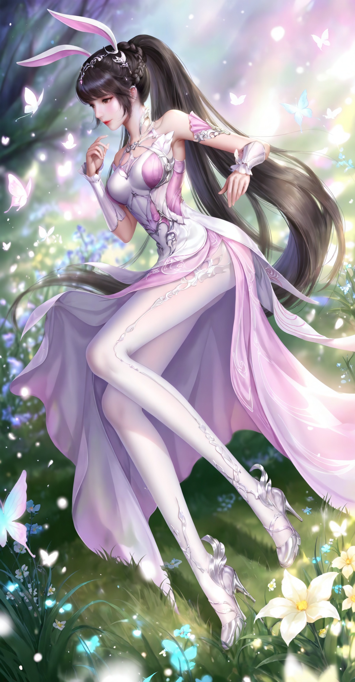 
masterpiece,high quality,tall,game cg,highres,(soft light:1.2),(white_skin:0.6),(shiny_skin:0.6),(realistic:1.1),lvjing,xiaowu,1girl,solo,long hair,dress,hair ornament,ponytail,brown eyes,brown hair,rabbit ears,animal ears,pink dress,metal collar,collar,bare shoulders,black hair,braid,legs,long legs,

xiaowu, 1girl, long hair, brown hair, high heels, dress, solo, butterfly, bug, flower, glowing butterfly, grass, hair ornament, pink dress, full body, white_pantyhose,