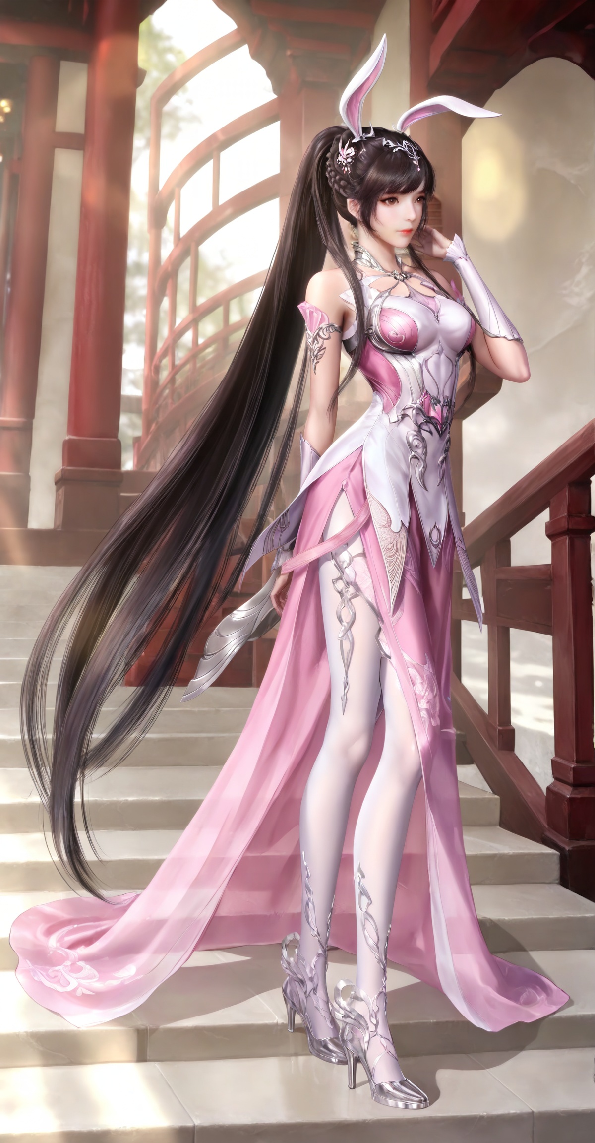 
masterpiece,high quality,tall,game cg,highres,(soft light:1.2),(white_skin:0.6),(shiny_skin:0.6),(realistic:1.1),lvjing,xiaowu,1girl,solo,long hair,dress,hair ornament,ponytail,brown eyes,brown hair,rabbit ears,animal ears,pink dress,metal collar,collar,bare shoulders,black hair,braid,legs,long legs,

xiaowu, 1girl, animal ears, rabbit ears, long hair, ponytail, dress, solo, pink dress, high heels, hair ornament, brown hair, metal collar, very long hair, braid, full body, closed mouth, collar, stairs, full body, white_pantyhose,