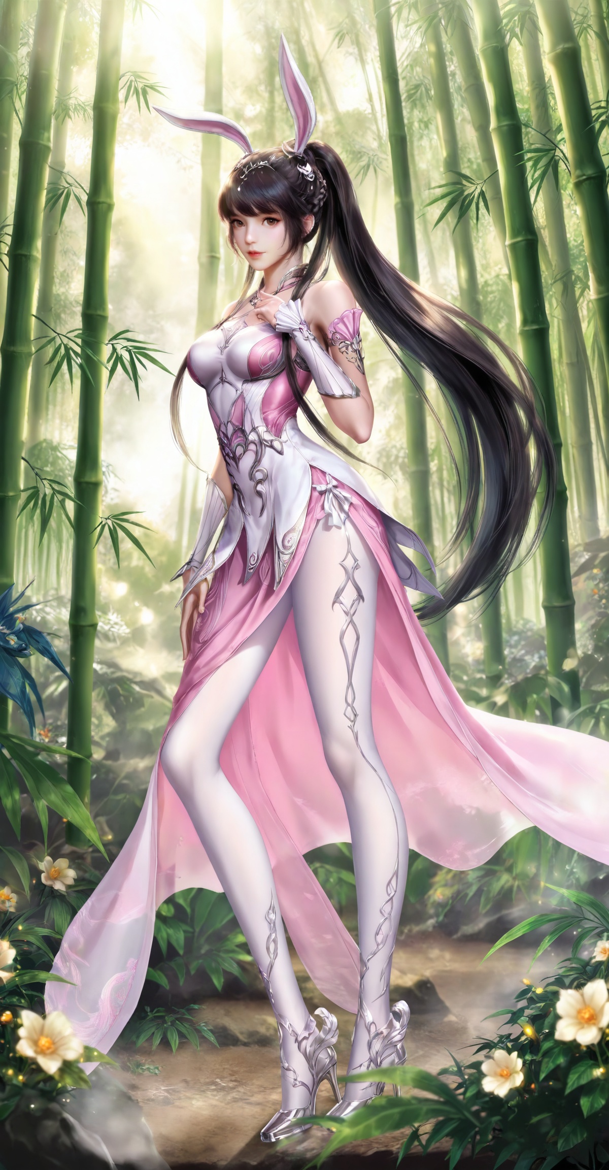 
masterpiece,high quality,tall,game cg,highres,(soft light:1.2),(white_skin:0.6),(shiny_skin:0.6),(realistic:1.1),lvjing,xiaowu,1girl,solo,long hair,dress,hair ornament,ponytail,brown eyes,brown hair,rabbit ears,animal ears,pink dress,metal collar,collar,bare shoulders,black hair,braid,legs,long legs,high_heels,white_pantyhose,looking_at_viewer,nature,bamboo,flower,