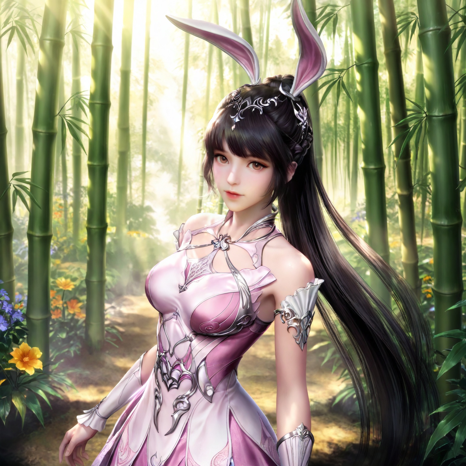 
masterpiece,high quality,tall,game cg,highres,(soft light:1.2),(white_skin:0.6),(shiny_skin:0.6),(realistic:1.1),lvjing,xiaowu,1girl,solo,long hair,dress,hair ornament,ponytail,brown eyes,brown hair,rabbit ears,animal ears,pink dress,metal collar,collar,bare shoulders,black hair,braid,looking_at_viewer,nature,bamboo,flower,
