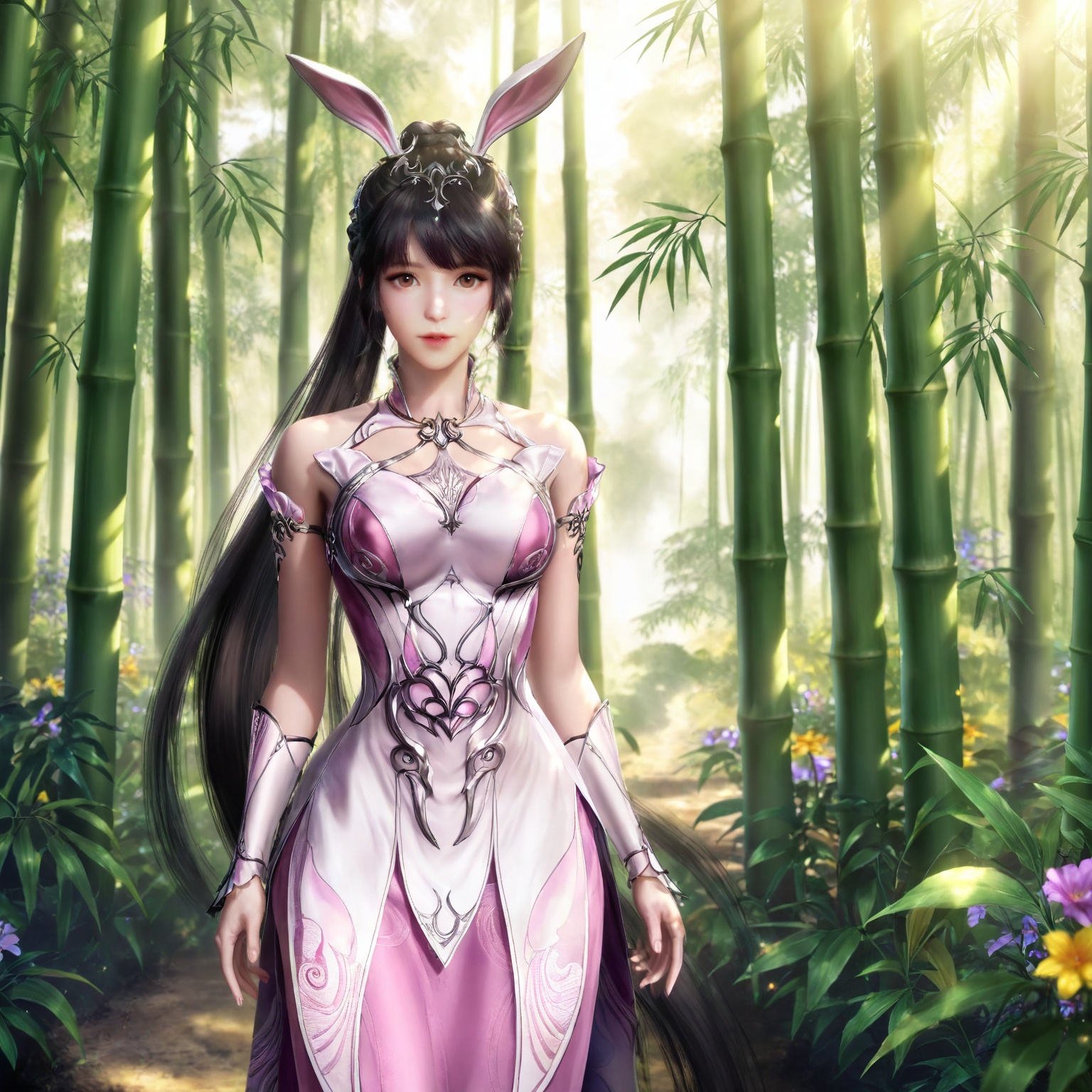 
masterpiece,high quality,tall,game cg,highres,(soft light:1.2),(white_skin:0.6),(shiny_skin:0.6),(realistic:1.1),lvjing,xiaowu,1girl,solo,long hair,dress,hair ornament,ponytail,brown eyes,brown hair,rabbit ears,animal ears,pink dress,metal collar,collar,bare shoulders,black hair,braid,looking_at_viewer,nature,bamboo,flower,