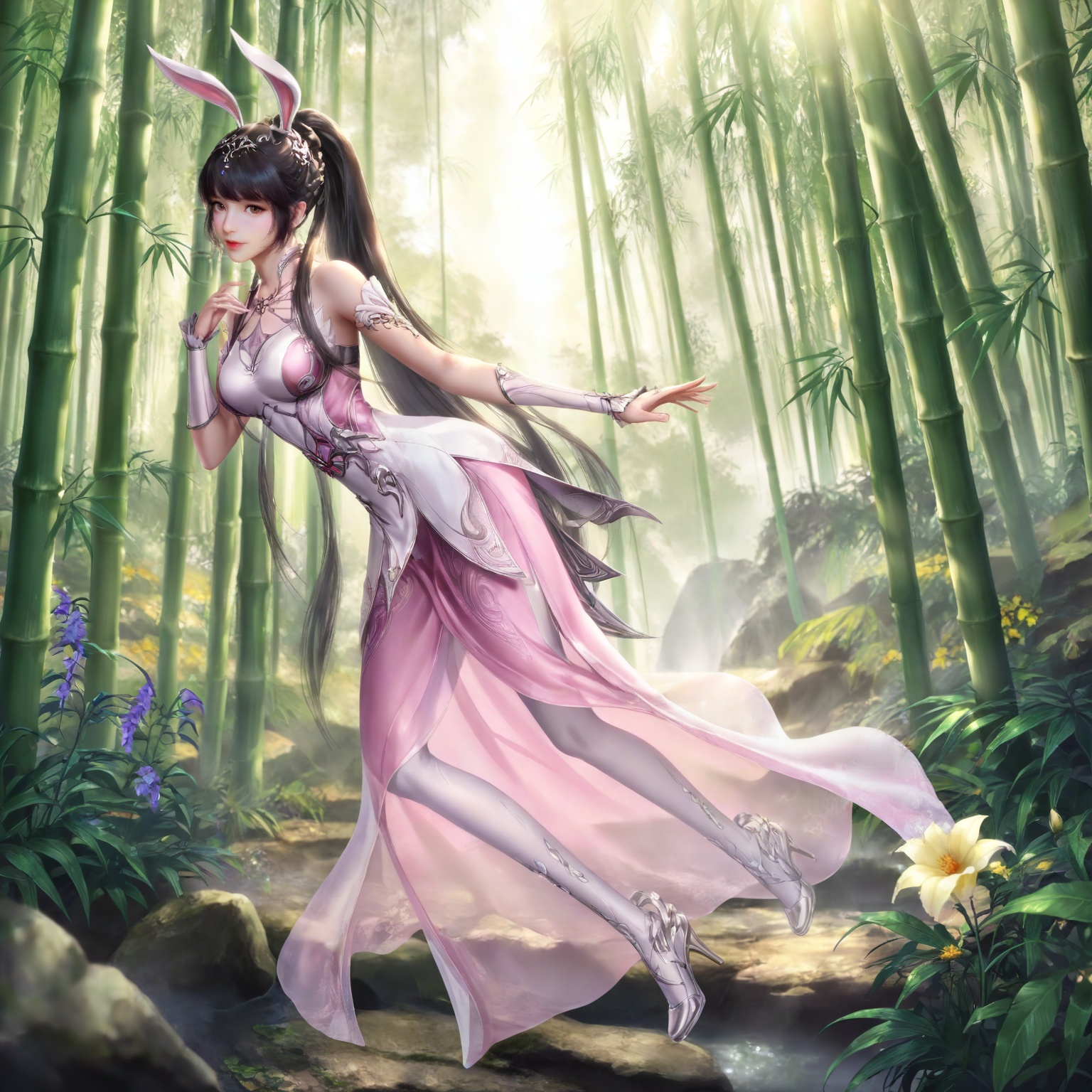 
masterpiece,high quality,tall,game cg,highres,(soft light:1.2),(white_skin:0.6),(shiny_skin:0.6),(realistic:1.1),lvjing,xiaowu,1girl,solo,long hair,dress,hair ornament,ponytail,brown eyes,brown hair,rabbit ears,animal ears,pink dress,metal collar,collar,bare shoulders,black hair,braid,looking_at_viewer,nature,bamboo,flower,full body,