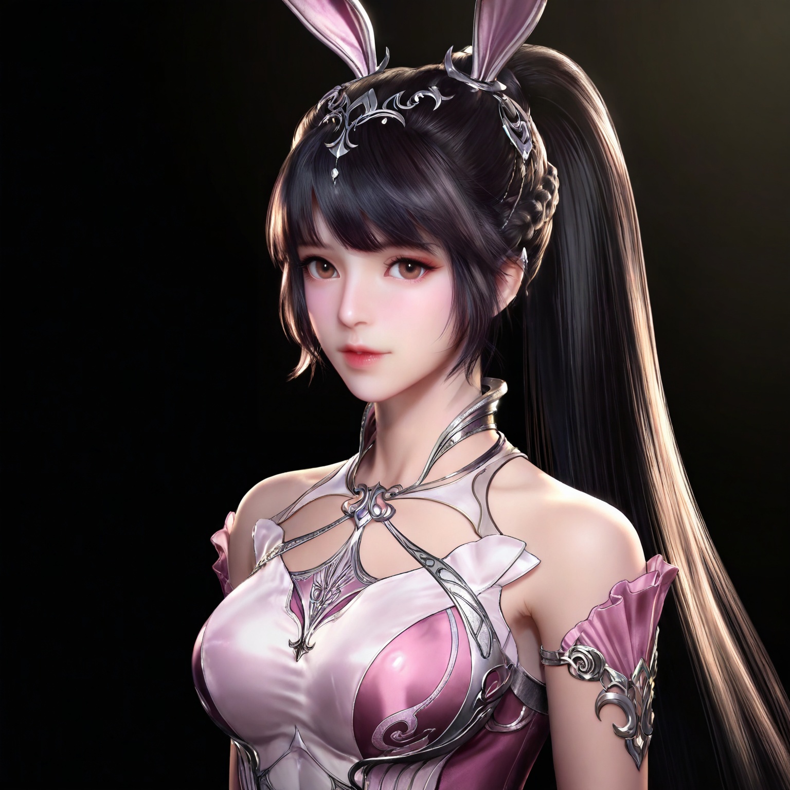 
masterpiece,high quality,tall,game cg,highres,(soft light:1.2),(white_skin:0.6),(shiny_skin:0.6),(realistic:1.1),lvjing,xiaowu,1girl,solo,long hair,dress,hair ornament,ponytail,brown eyes,brown hair,rabbit ears,animal ears,pink dress,metal collar,collar,bare shoulders,black hair,braid,looking_at_viewer,black_background,simple background,very long hair,high ponytail,upper body,