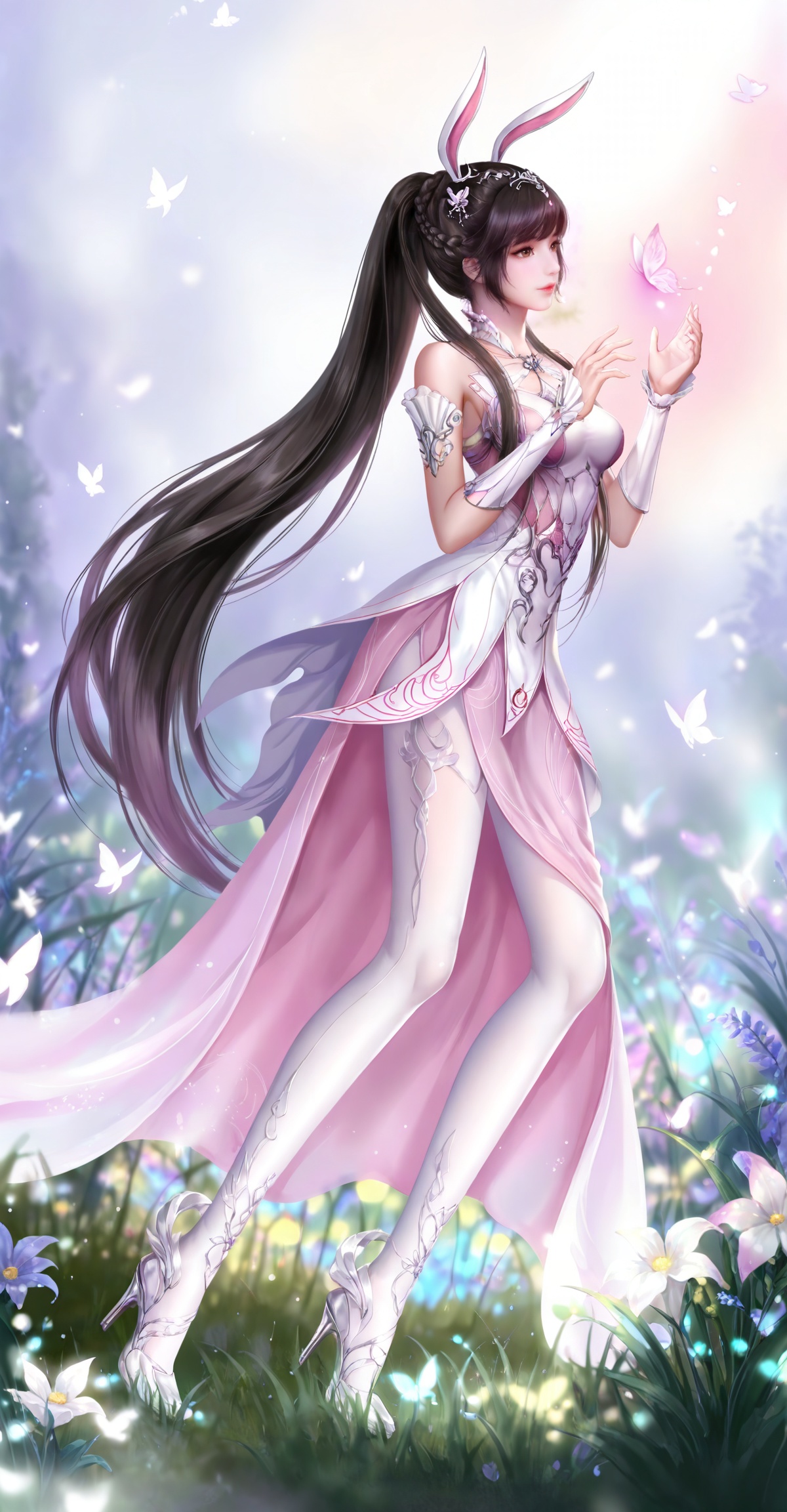 
masterpiece,high quality,tall,game cg,highres,(soft light:1.2),(white_skin:0.6),(shiny_skin:0.6),(realistic:1.1),lvjing,xiaowu,1girl,solo,long hair,dress,hair ornament,ponytail,brown eyes,brown hair,rabbit ears,animal ears,pink dress,metal collar,collar,bare shoulders,black hair,braid,legs,long legs,

xiaowu, 1girl, long hair, brown hair, high heels, dress, solo, butterfly, bug, flower, glowing butterfly, grass, hair ornament, pink dress, full body, white_pantyhose,