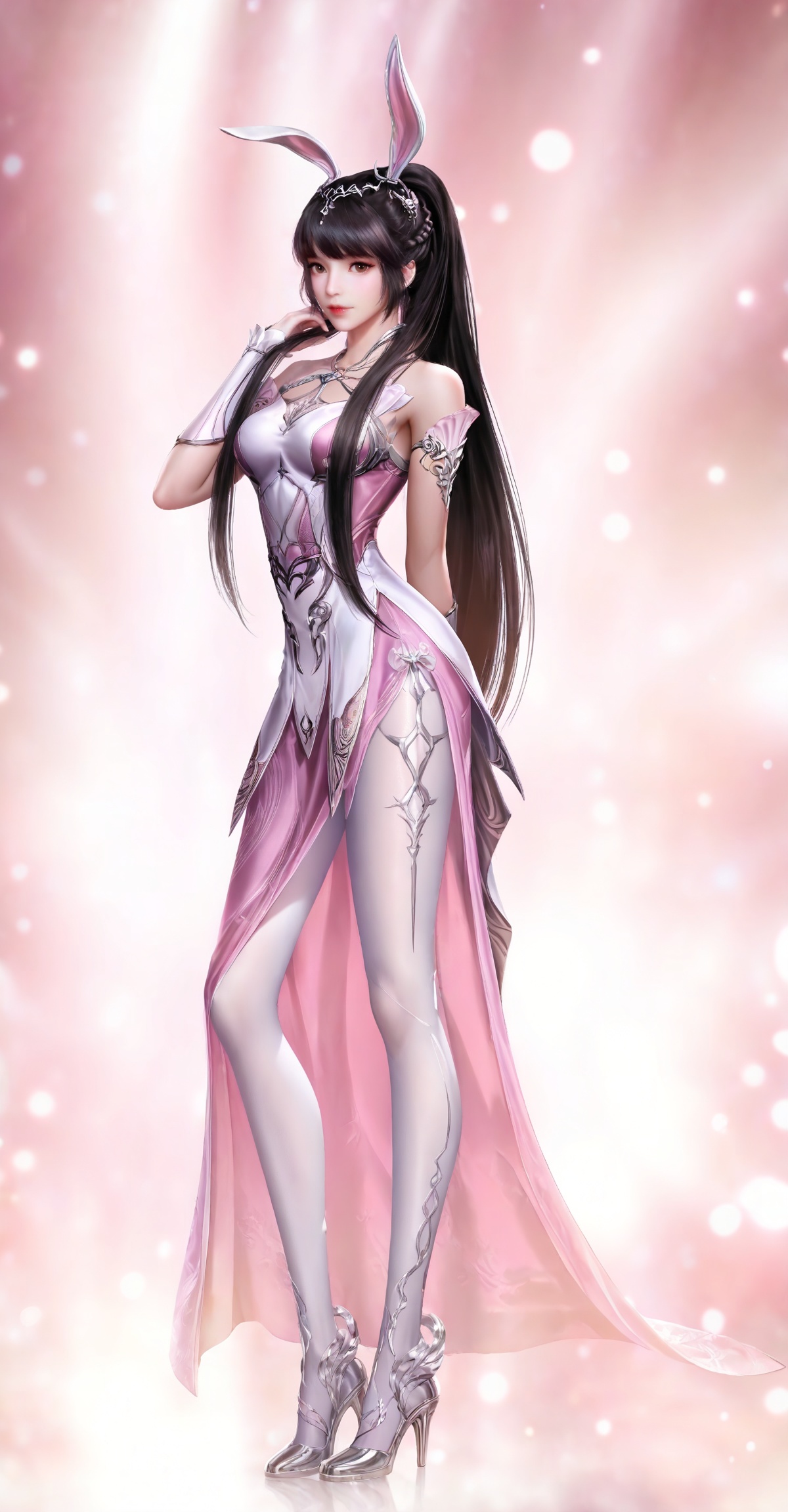 
masterpiece,high quality,tall,game cg,highres,(soft light:1.2),(white_skin:0.6),(shiny_skin:0.6),(realistic:1.1),lvjing,xiaowu,1girl,solo,long hair,dress,hair ornament,ponytail,brown eyes,brown hair,rabbit ears,animal ears,pink dress,metal collar,collar,bare shoulders,black hair,braid,legs,long legs,high_heels,white_pantyhose,looking_at_viewer,standing,