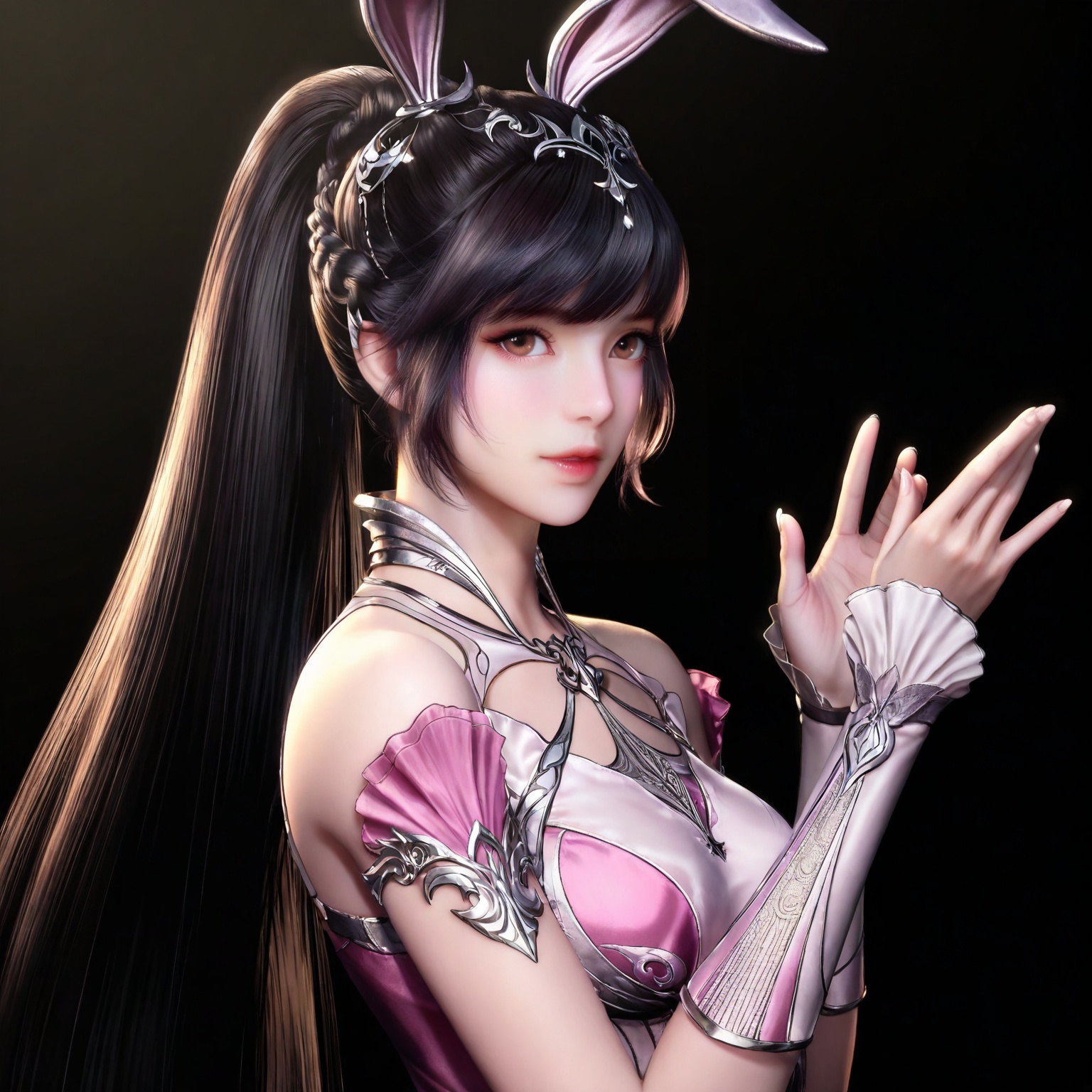 
masterpiece,high quality,tall,game cg,highres,(soft light:1.2),(white_skin:0.6),(shiny_skin:0.6),(realistic:1.1),lvjing,xiaowu,1girl,solo,long hair,dress,hair ornament,ponytail,brown eyes,brown hair,rabbit ears,animal ears,pink dress,metal collar,collar,bare shoulders,black hair,braid,looking_at_viewer,black_background,simple background,very long hair,high ponytail,upper body,