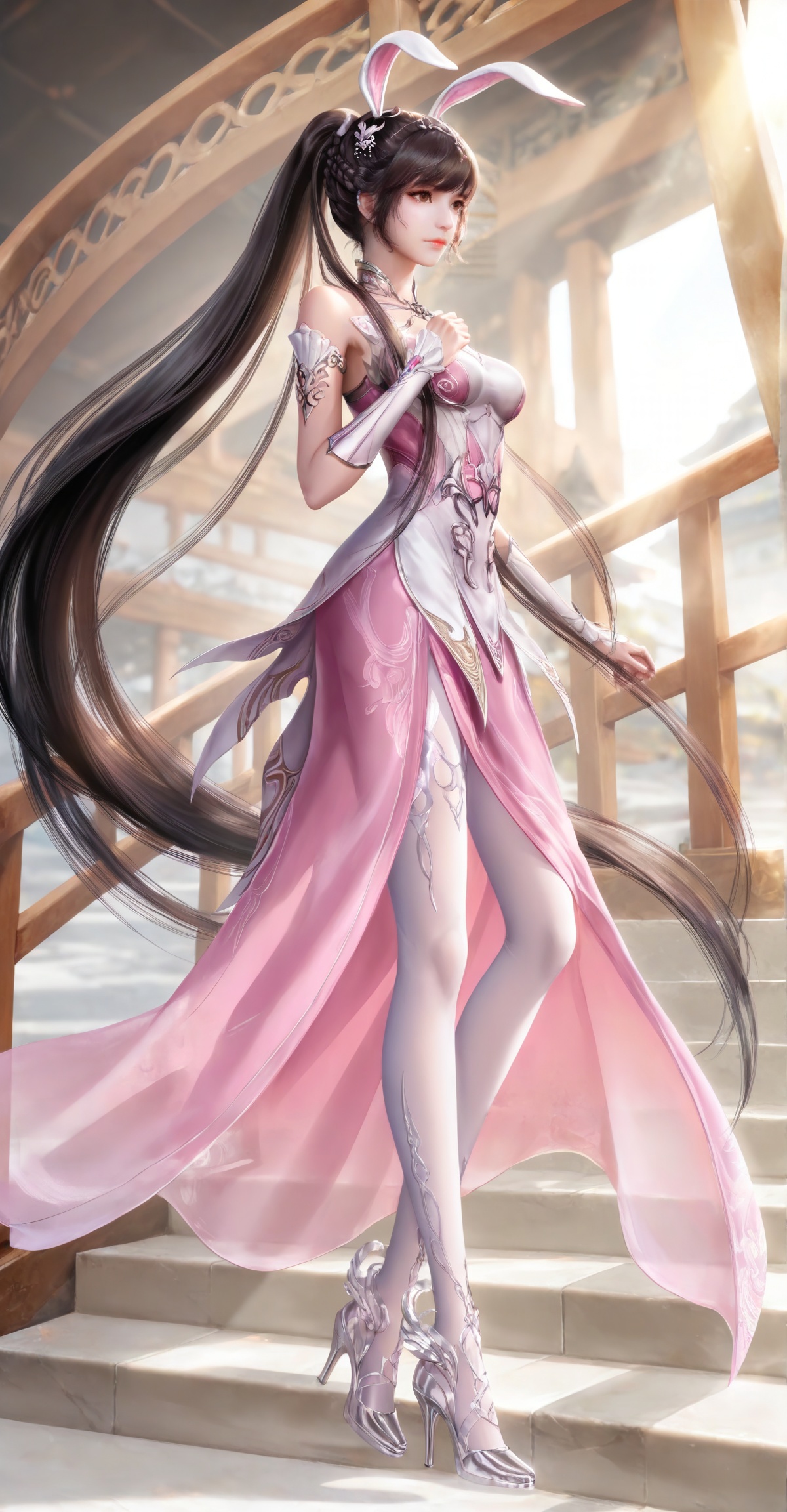 
masterpiece,high quality,tall,game cg,highres,(soft light:1.2),(white_skin:0.6),(shiny_skin:0.6),(realistic:1.1),lvjing,xiaowu,1girl,solo,long hair,dress,hair ornament,ponytail,brown eyes,brown hair,rabbit ears,animal ears,pink dress,metal collar,collar,bare shoulders,black hair,braid,legs,long legs,

xiaowu, 1girl, animal ears, rabbit ears, long hair, ponytail, dress, solo, pink dress, high heels, hair ornament, brown hair, metal collar, very long hair, braid, full body, closed mouth, collar, stairs, full body, white_pantyhose,