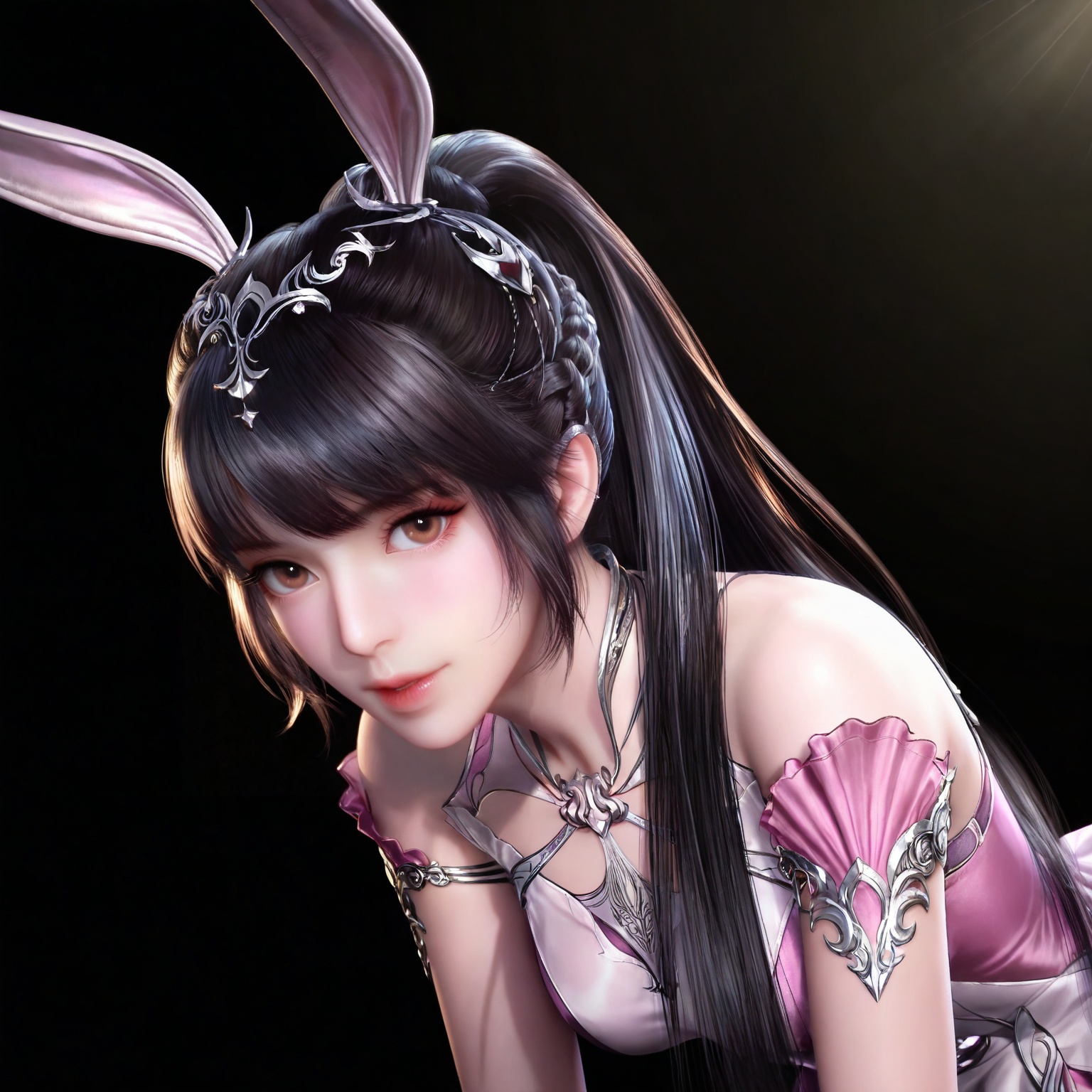 
masterpiece,high quality,tall,game cg,highres,(soft light:1.2),(white_skin:0.6),(shiny_skin:0.6),(realistic:1.1),lvjing,xiaowu,1girl,solo,long hair,dress,hair ornament,ponytail,brown eyes,brown hair,rabbit ears,animal ears,pink dress,metal collar,collar,bare shoulders,black hair,braid,looking_at_viewer,black_background,simple background,