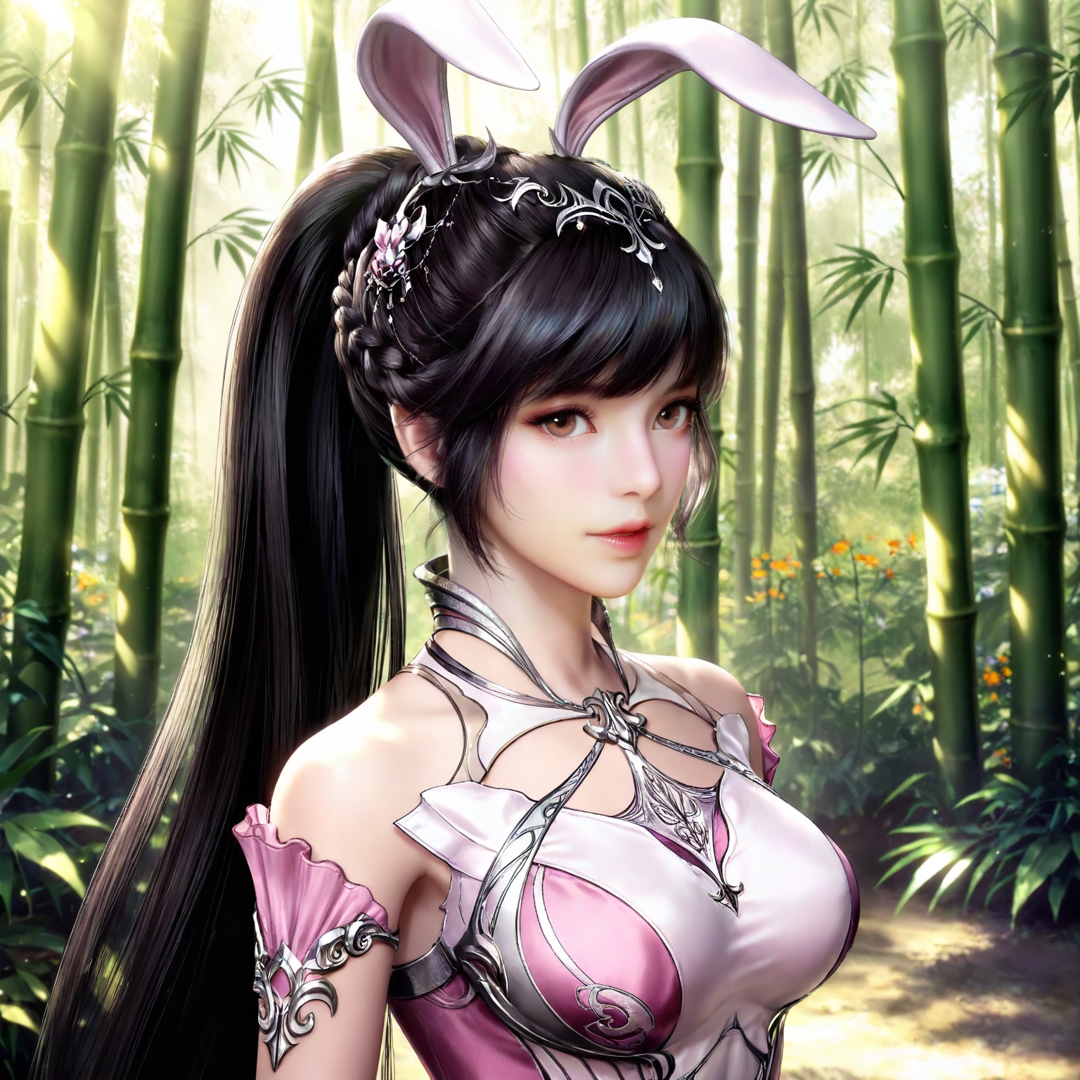 
masterpiece,high quality,tall,game cg,highres,(soft light:1.2),(white_skin:0.6),(shiny_skin:0.6),(realistic:1.1),lvjing,xiaowu,1girl,solo,long hair,dress,hair ornament,ponytail,brown eyes,brown hair,rabbit ears,animal ears,pink dress,metal collar,collar,bare shoulders,black hair,braid,looking_at_viewer,nature,bamboo,flower,