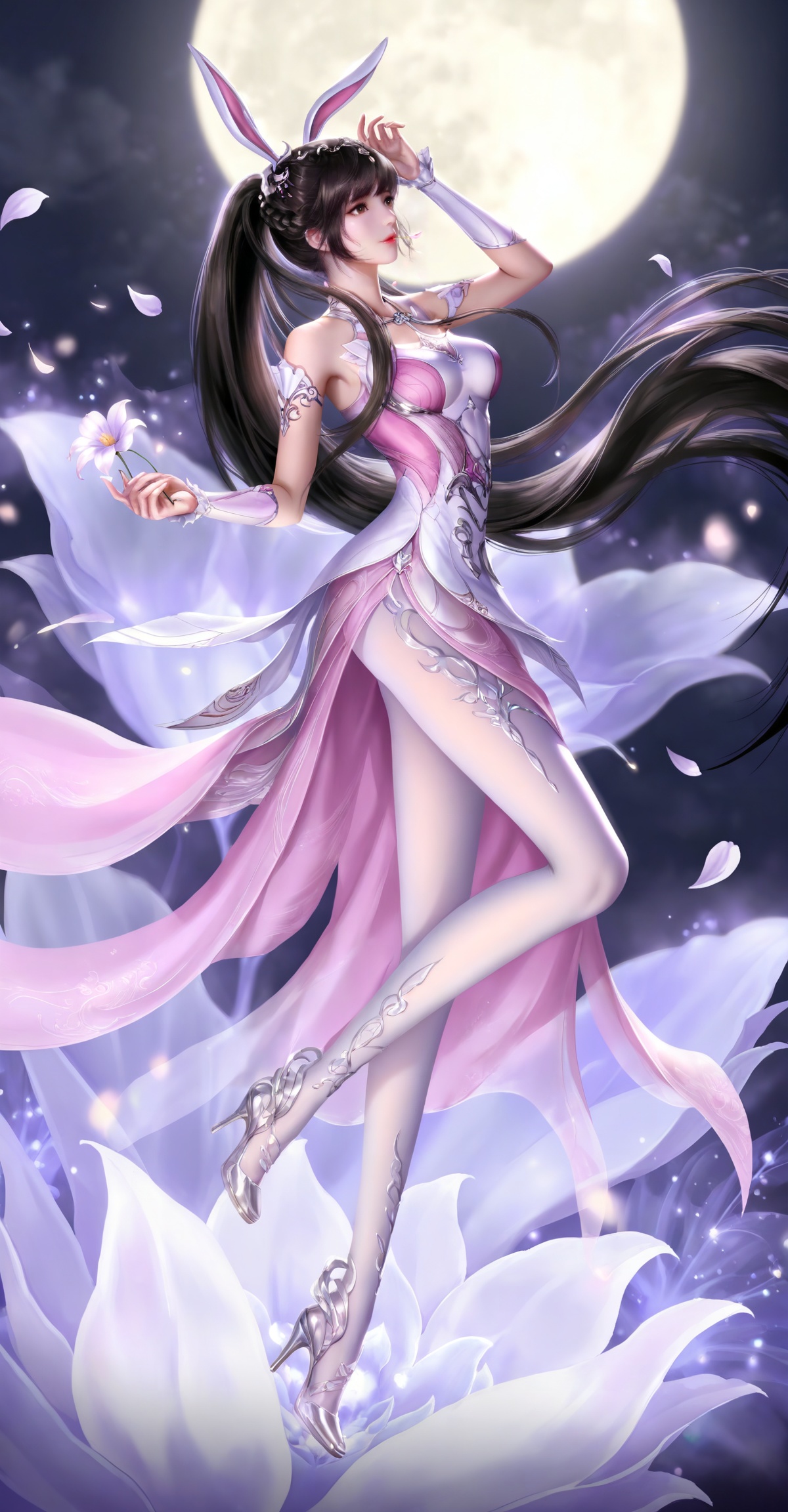 
masterpiece,high quality,tall,game cg,highres,(soft light:1.2),(white_skin:0.6),(shiny_skin:0.6),(realistic:1.1),lvjing,xiaowu,1girl,solo,long hair,dress,hair ornament,ponytail,brown eyes,brown hair,rabbit ears,animal ears,pink dress,metal collar,collar,bare shoulders,black hair,braid,legs,long legs,

xiaowu,1girl,flower,solo,long hair,moon,ponytail,dress,petals,falling petals,holding flower,night,hair ornament,high heels,brown hair,pink dress,full moon,very long hair,arm up,white_pantyhose,