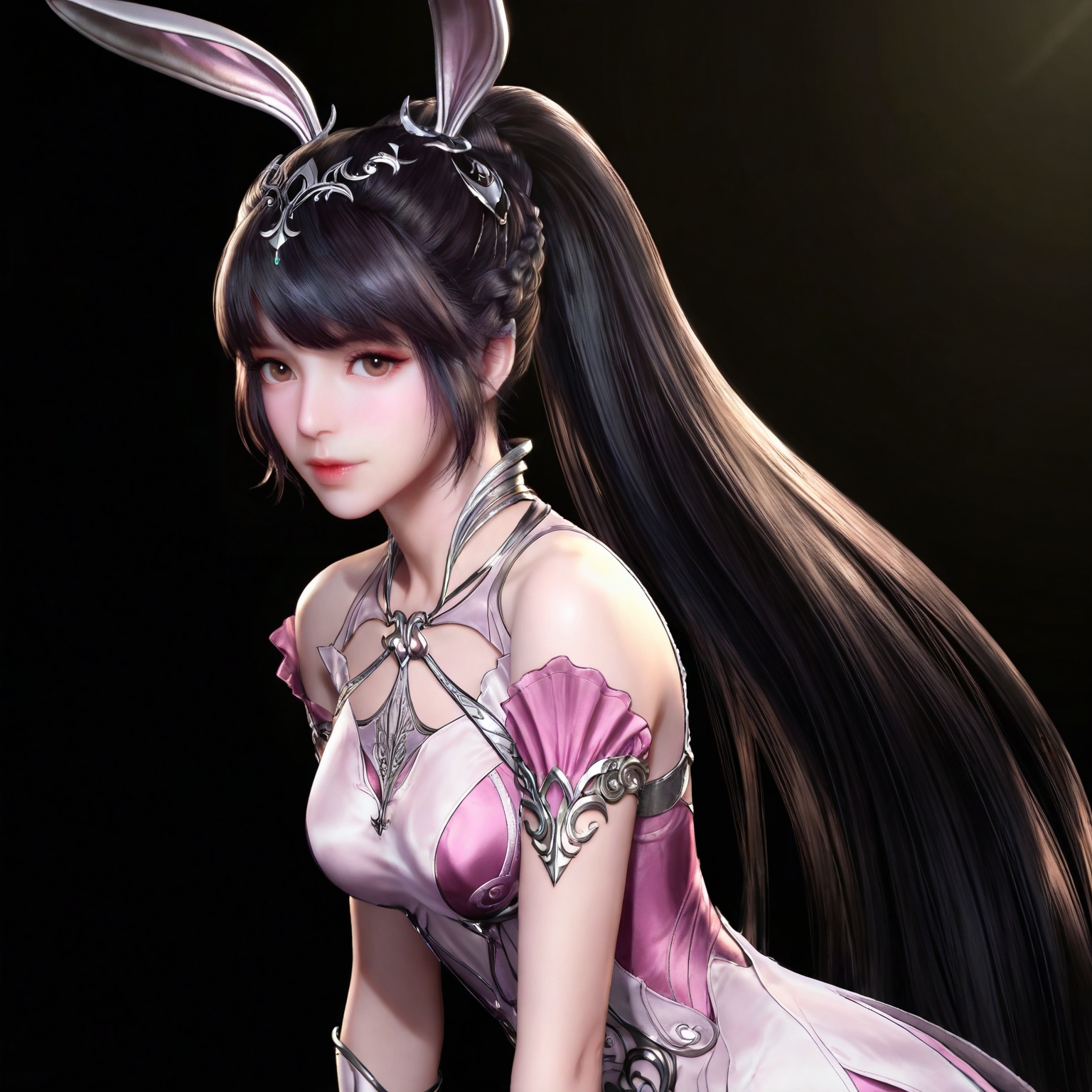 
masterpiece,high quality,tall,game cg,highres,(soft light:1.2),(white_skin:0.6),(shiny_skin:0.6),(realistic:1.1),lvjing,xiaowu,1girl,solo,long hair,dress,hair ornament,ponytail,brown eyes,brown hair,rabbit ears,animal ears,pink dress,metal collar,collar,bare shoulders,black hair,braid,looking_at_viewer,black_background,simple background,very long hair,high ponytail,upper body,