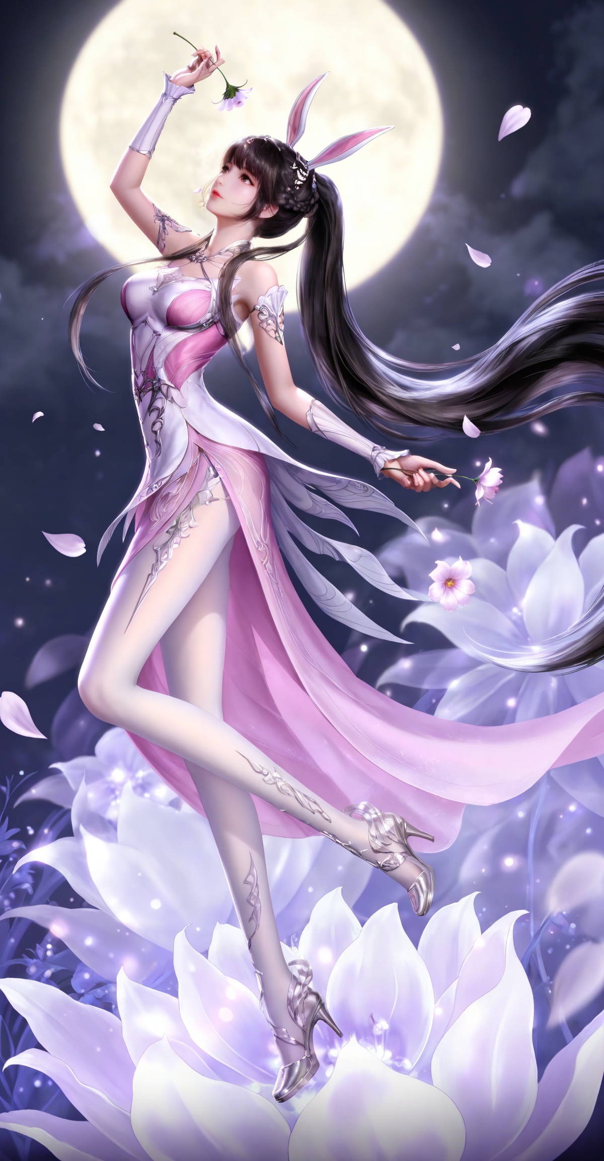
masterpiece,high quality,tall,game cg,highres,(soft light:1.2),(white_skin:0.6),(shiny_skin:0.6),(realistic:1.1),lvjing,xiaowu,1girl,solo,long hair,dress,hair ornament,ponytail,brown eyes,brown hair,rabbit ears,animal ears,pink dress,metal collar,collar,bare shoulders,black hair,braid,legs,long legs,

xiaowu,1girl,flower,solo,long hair,moon,ponytail,dress,petals,falling petals,holding flower,night,hair ornament,high heels,brown hair,pink dress,full moon,very long hair,arm up,white_pantyhose,