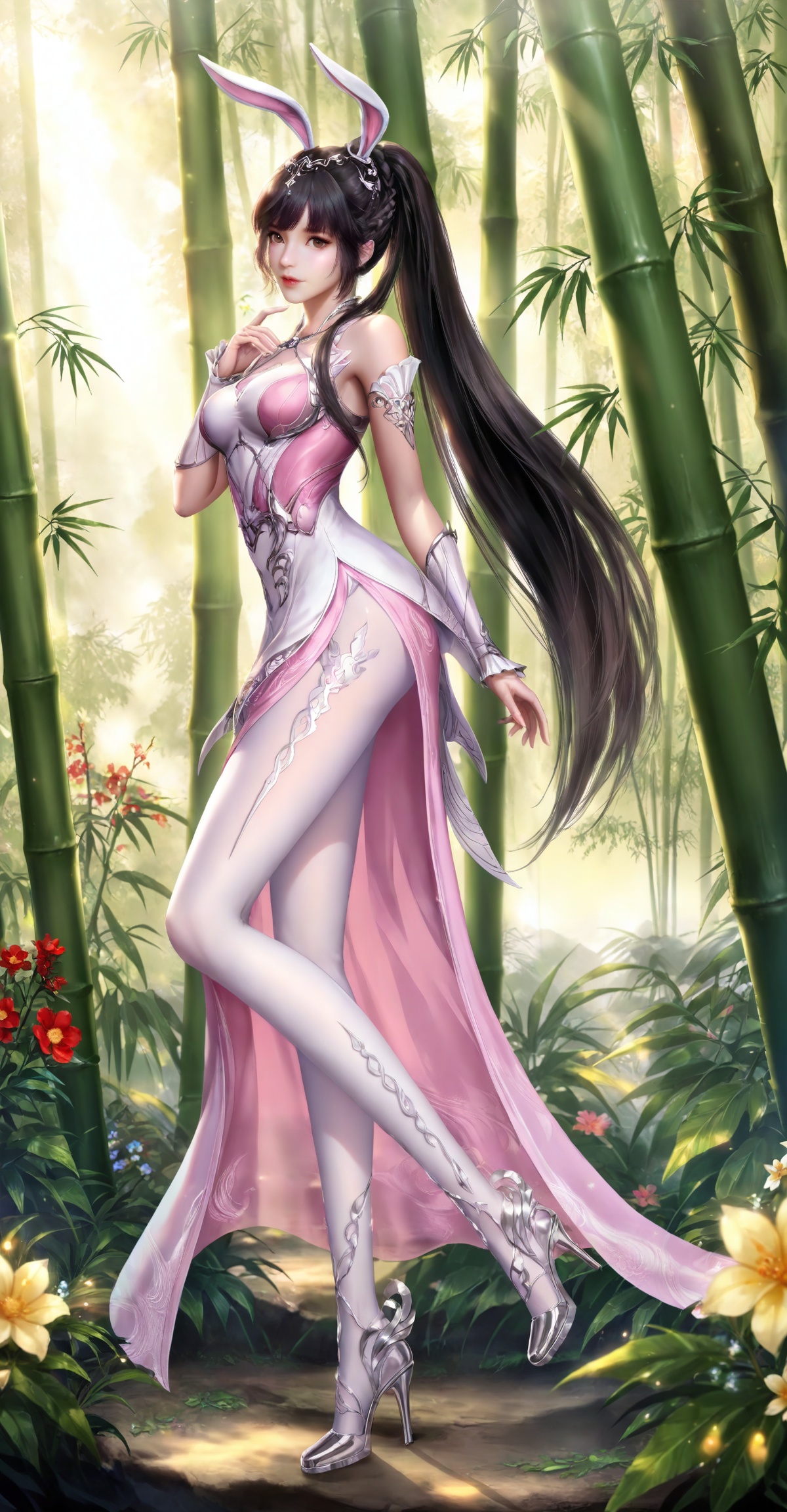 
masterpiece,high quality,tall,game cg,highres,(soft light:1.2),(white_skin:0.6),(shiny_skin:0.6),(realistic:1.1),lvjing,xiaowu,1girl,solo,long hair,dress,hair ornament,ponytail,brown eyes,brown hair,rabbit ears,animal ears,pink dress,metal collar,collar,bare shoulders,black hair,braid,legs,long legs,high_heels,white_pantyhose,looking_at_viewer,nature,bamboo,flower,