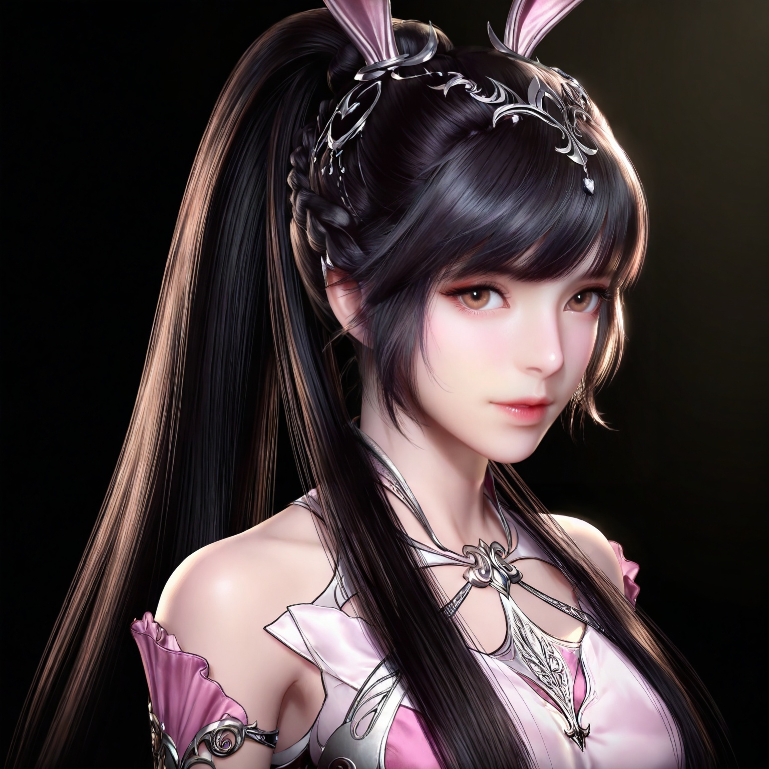 
masterpiece,high quality,tall,game cg,highres,(soft light:1.2),(white_skin:0.6),(shiny_skin:0.6),(realistic:1.1),lvjing,xiaowu,1girl,solo,long hair,dress,hair ornament,ponytail,brown eyes,brown hair,rabbit ears,animal ears,pink dress,metal collar,collar,bare shoulders,black hair,braid,looking_at_viewer,black_background,simple background,very long hair,high ponytail,upper body,
