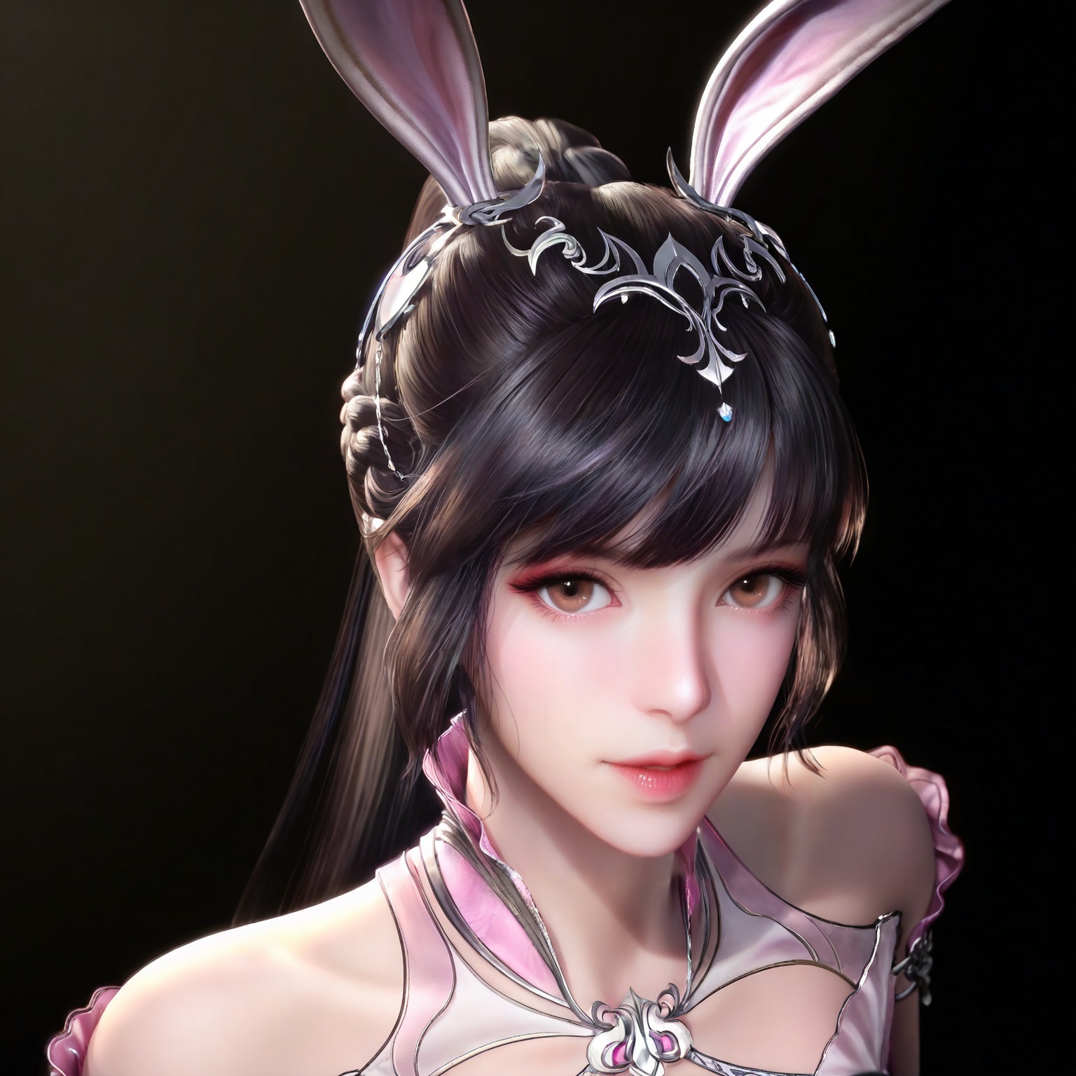 
masterpiece,high quality,tall,game cg,highres,(soft light:1.2),(white_skin:0.6),(shiny_skin:0.6),(realistic:1.1),lvjing,xiaowu,1girl,solo,long hair,dress,hair ornament,ponytail,brown eyes,brown hair,rabbit ears,animal ears,pink dress,metal collar,collar,bare shoulders,black hair,braid,looking_at_viewer,black_background,simple background,