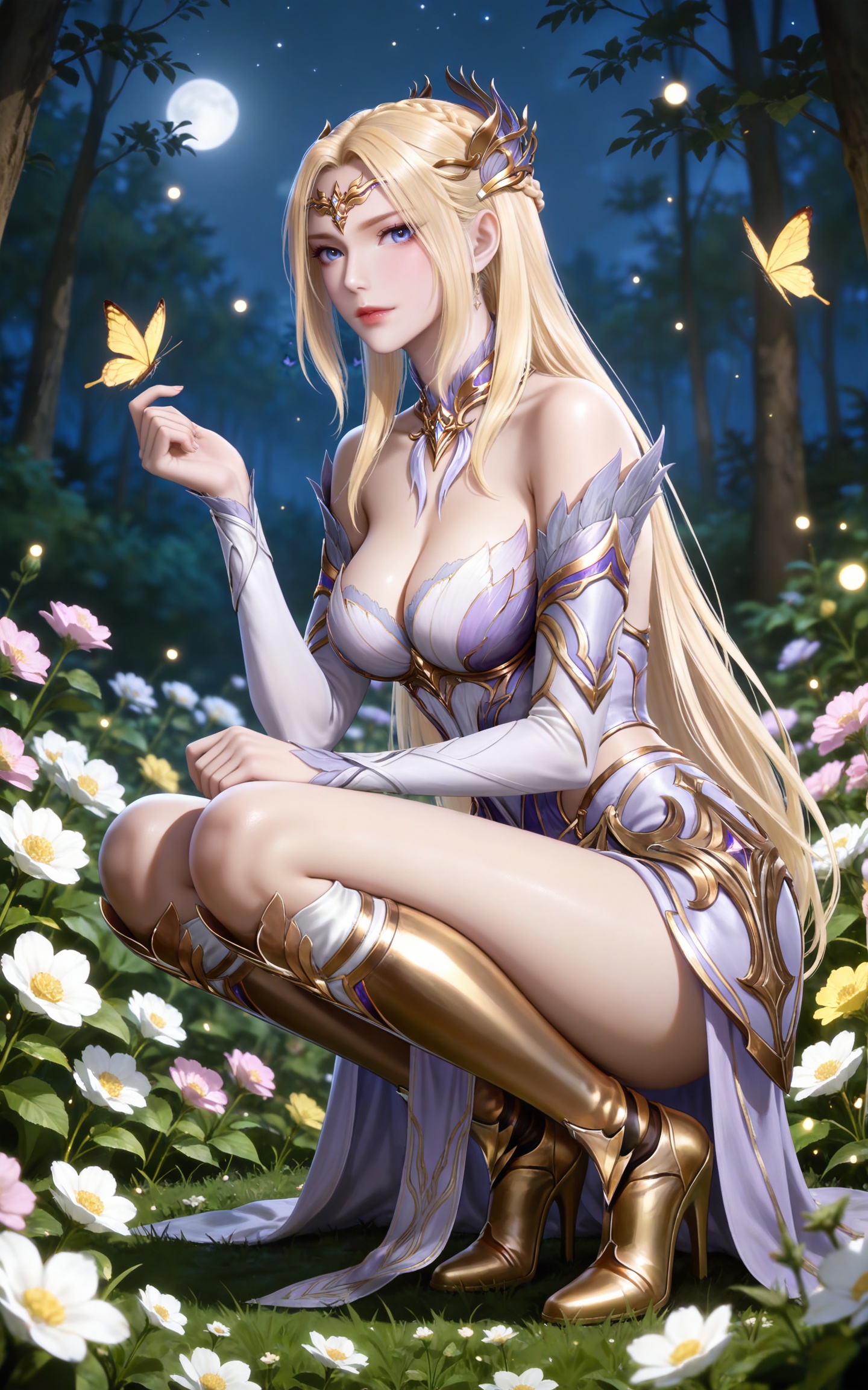 masterpiece,high quality,tall,game cg,highres,(soft light:1.2),(white_skin:0.6),(shiny_skin:0.6),(realistic:1.1),(looking_at_viewer:1.1),lvjing,cleavage,large breasts,blonde hair,long hair,french braid,hair_ornament,very long hair,crown,qianrenxue laurel crown,blue eyes,qianrenxue white and purple dress,qianrenxue armored dress,armored boots,knee boots,gold footwear,detached_sleeves,long_sleeves,full body,long legs,nature,flower field,smoon,night,bug,butterfly,squatting