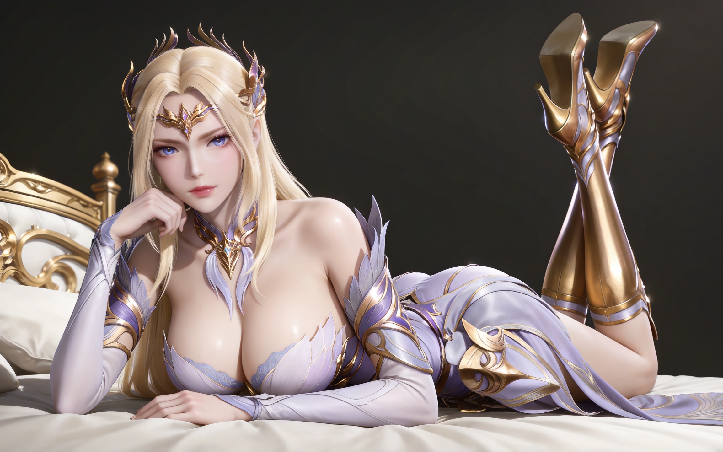 masterpiece,high quality,tall,game cg,highres,(soft light:1.2),(white_skin:0.6),(shiny_skin:0.6),(realistic:1.1),(looking_at_viewer:1.1),lvjing,simple background,,cleavage,large breasts,,blonde hair,long hair,french braid,hair_ornament,very long hair,crown,qianrenxue laurel crown,blue eyes,qianrenxue white and purple dress,qianrenxue armored dress,armored boots,knee boots,gold footwear,black_background,detached_sleeves,long_sleeves,full body,leg up,legs,long legs,bed,on stomach,feet up,