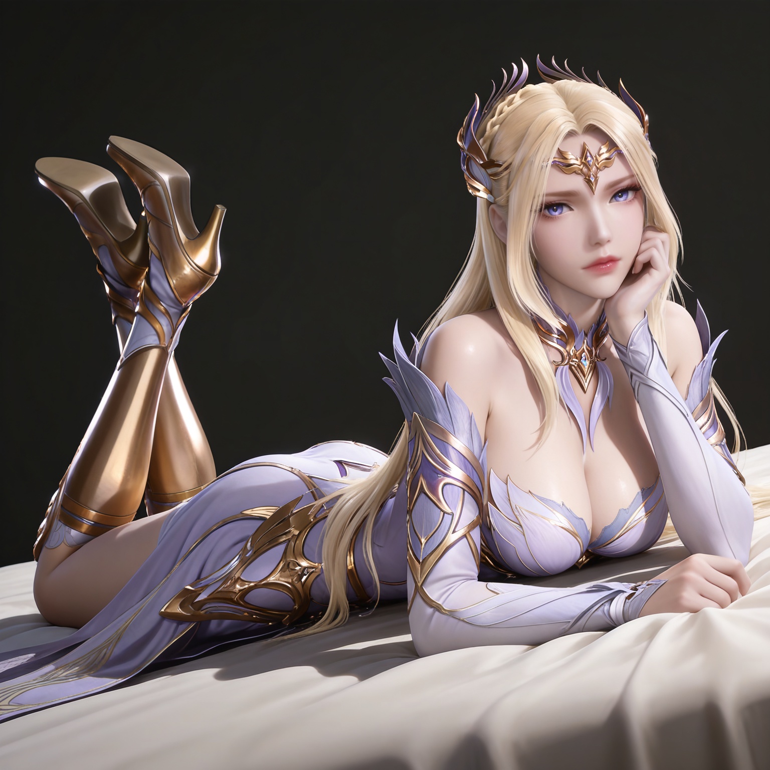 masterpiece,high quality,tall,game cg,highres,(white_skin:0.6),(shiny_skin:0.6),(realistic:1.1),looking_at_viewer,lvjing,black_background,simple background,dutch angle,dynamic_angle,,blonde hair,long hair,french braid,hair_ornament,very long hair,crown,qianrenxue laurel crown,blue eyes,qianrenxue white and purple dress,qianrenxue armored dress,detached_sleeves,long_sleeves,armored boots,knee boots,gold footwear,legs,long legs,bed,on_stomach,feet up,full body,large breasts,cleavage,