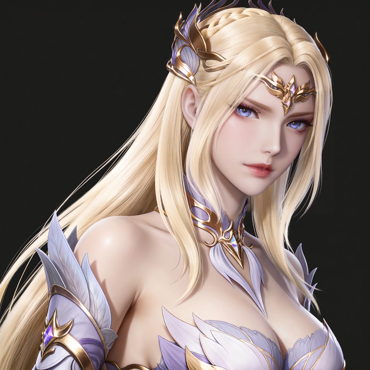 masterpiece,high quality,tall,game cg,highres,(soft light:1.2),(white_skin:0.6),(shiny_skin:0.6),(realistic:1.1),(looking_at_viewer:1.1),lvjing,simple background,,cleavage,large breasts,,blonde hair,long hair,french braid,hair_ornament,very long hair,crown,qianrenxue laurel crown,blue eyes,qianrenxue white and purple dress,qianrenxue armored dress,upper body,black_background,