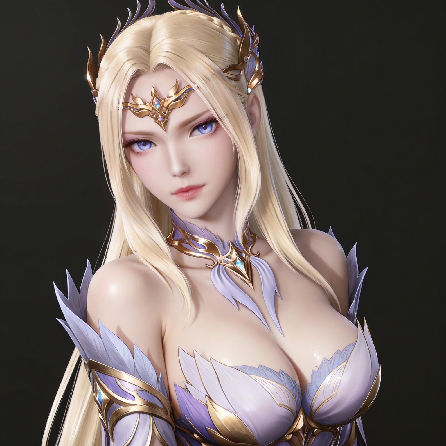 masterpiece,high quality,tall,game cg,highres,(soft light:1.2),(white_skin:0.6),(shiny_skin:0.6),(realistic:1.1),(looking_at_viewer:1.1),lvjing,simple background,,cleavage,large breasts,,blonde hair,long hair,french braid,hair_ornament,very long hair,crown,qianrenxue laurel crown,blue eyes,qianrenxue white and purple dress,qianrenxue armored dress,upper body,black_background,