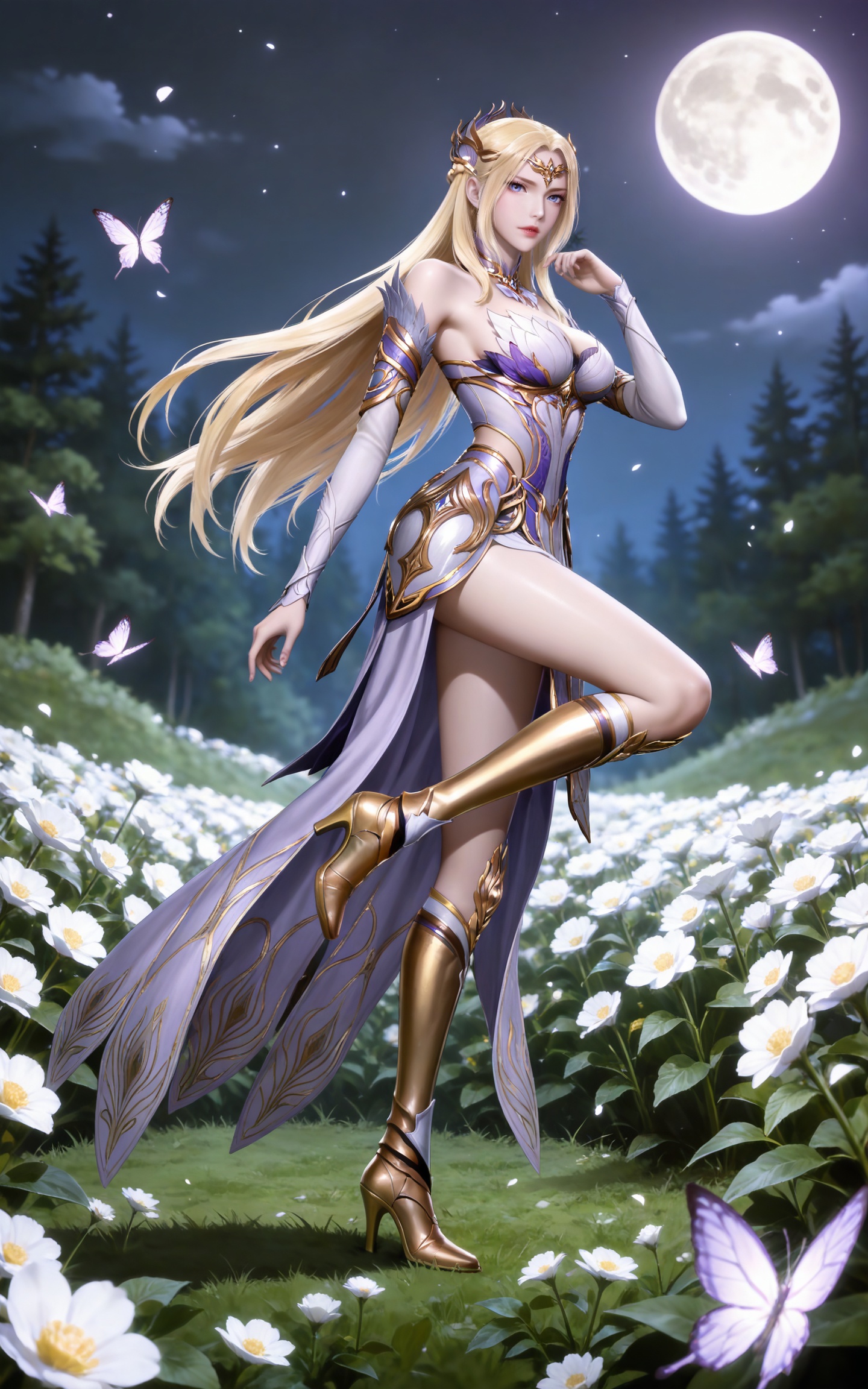 masterpiece,high quality,tall,game cg,highres,(soft light:1.2),(white_skin:0.6),(shiny_skin:0.6),(realistic:1.1),(looking_at_viewer:1.1),lvjing,cleavage,large breasts,blonde hair,long hair,french braid,hair_ornament,very long hair,crown,qianrenxue laurel crown,blue eyes,qianrenxue white and purple dress,qianrenxue armored dress,armored boots,knee boots,gold footwear,detached_sleeves,long_sleeves,full body,leg up,legs,long legs,nature,flower field,standing,posing,leg up,moon,night,bug,butterfly