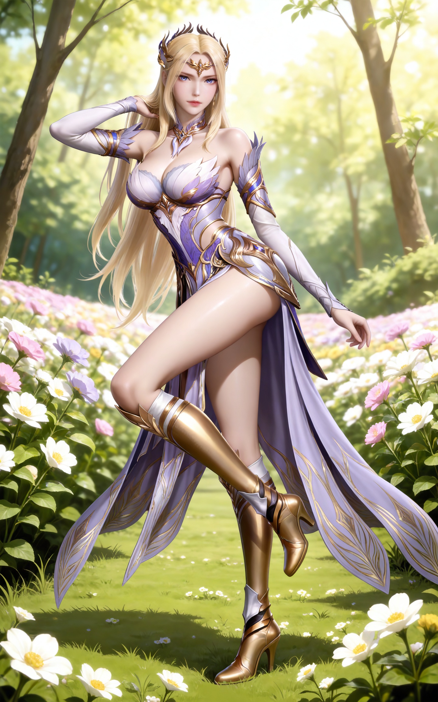masterpiece,high quality,tall,game cg,highres,(soft light:1.2),(white_skin:0.6),(shiny_skin:0.6),(realistic:1.1),(looking_at_viewer:1.1),lvjing,cleavage,large breasts,blonde hair,long hair,french braid,hair_ornament,very long hair,crown,qianrenxue laurel crown,blue eyes,qianrenxue white and purple dress,qianrenxue armored dress,armored boots,knee boots,gold footwear,detached_sleeves,long_sleeves,full body,leg up,legs,long legs,nature,flower field,day,standing,posing,