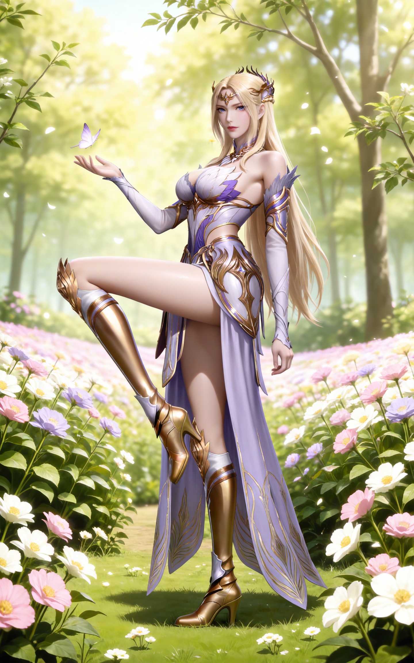 masterpiece,high quality,tall,game cg,highres,(soft light:1.2),(white_skin:0.6),(shiny_skin:0.6),(realistic:1.1),(looking_at_viewer:1.1),lvjing,cleavage,large breasts,blonde hair,long hair,french braid,hair_ornament,very long hair,crown,qianrenxue laurel crown,blue eyes,qianrenxue white and purple dress,qianrenxue armored dress,armored boots,knee boots,gold footwear,detached_sleeves,long_sleeves,full body,leg up,legs,long legs,nature,flower field,day,standing,posing,leg up,