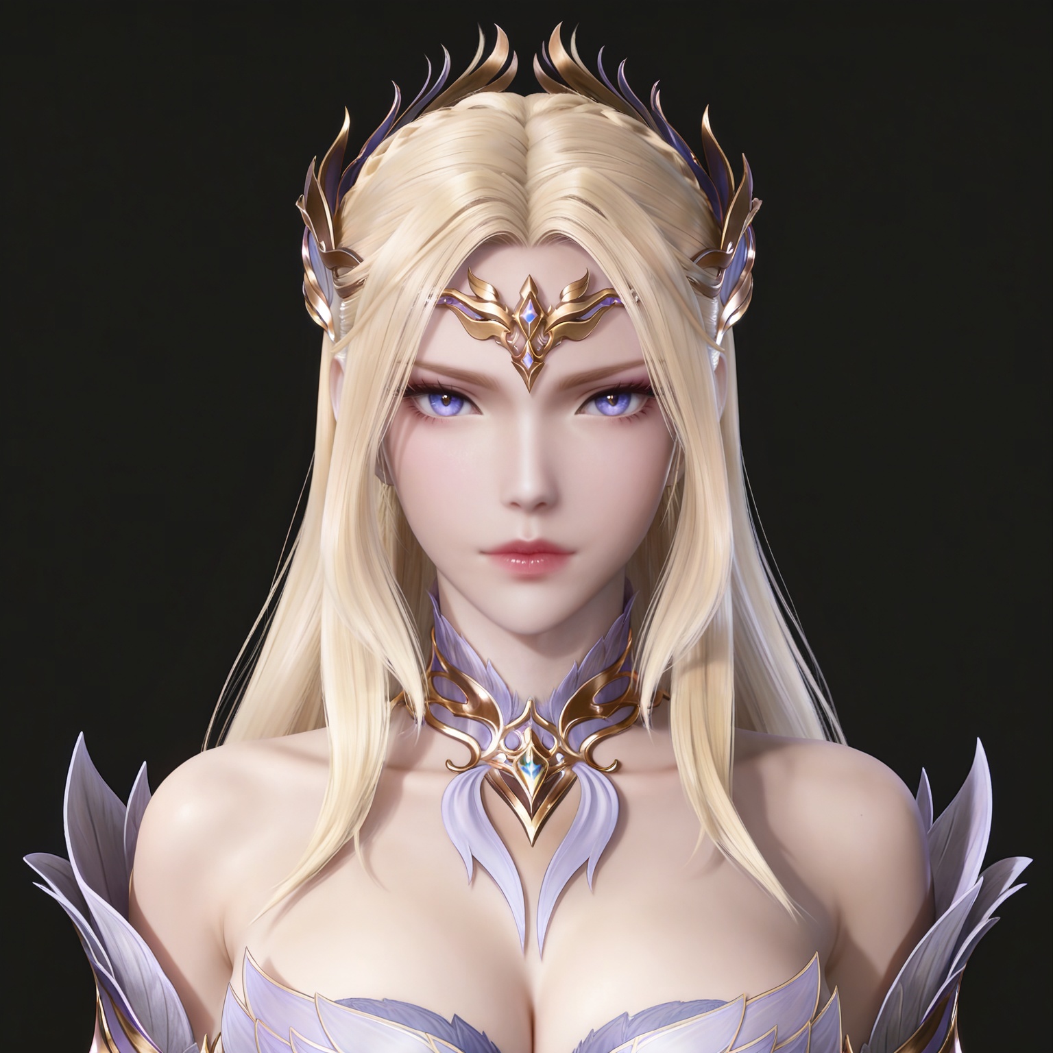 masterpiece,high quality,tall,game cg,highres,(soft light:1.2),(white_skin:0.6),(shiny_skin:0.6),(realistic:1.1),(looking_at_viewer:1.1),lvjing,simple background,,cleavage,large breasts,,blonde hair,long hair,french braid,hair_ornament,very long hair,crown,qianrenxue laurel crown,blue eyes,qianrenxue white and purple dress,qianrenxue armored dress,upper body,black_background,