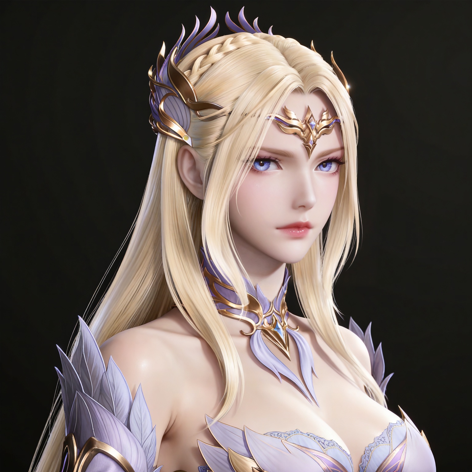 masterpiece,high quality,tall,game cg,highres,(soft light:1.2),(white_skin:0.6),(shiny_skin:0.6),(realistic:1.1),(looking_at_viewer:1.1),lvjing,simple background,,cleavage,large breasts,,blonde hair,long hair,french braid,hair_ornament,very long hair,crown,qianrenxue laurel crown,blue eyes,qianrenxue white and purple dress,qianrenxue armored dress,upper body,black_background,