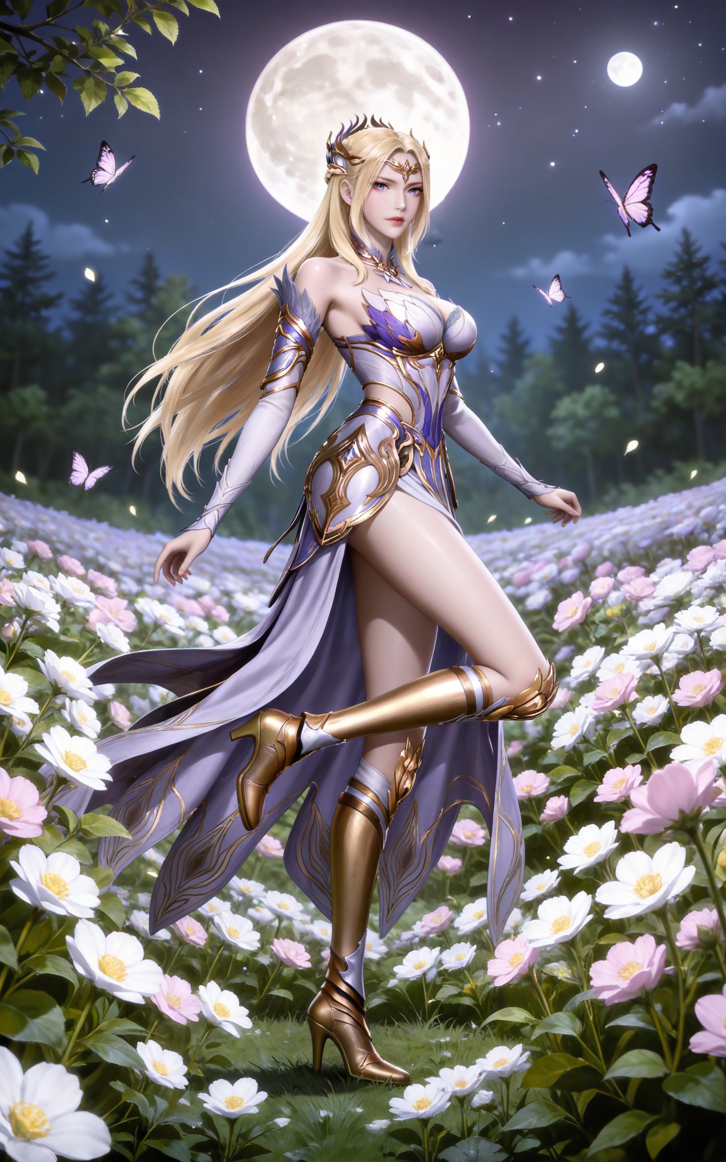 masterpiece,high quality,tall,game cg,highres,(soft light:1.2),(white_skin:0.6),(shiny_skin:0.6),(realistic:1.1),(looking_at_viewer:1.1),lvjing,cleavage,large breasts,blonde hair,long hair,french braid,hair_ornament,very long hair,crown,qianrenxue laurel crown,blue eyes,qianrenxue white and purple dress,qianrenxue armored dress,armored boots,knee boots,gold footwear,detached_sleeves,long_sleeves,full body,leg up,legs,long legs,nature,flower field,standing,posing,leg up,moon,night,bug,butterfly