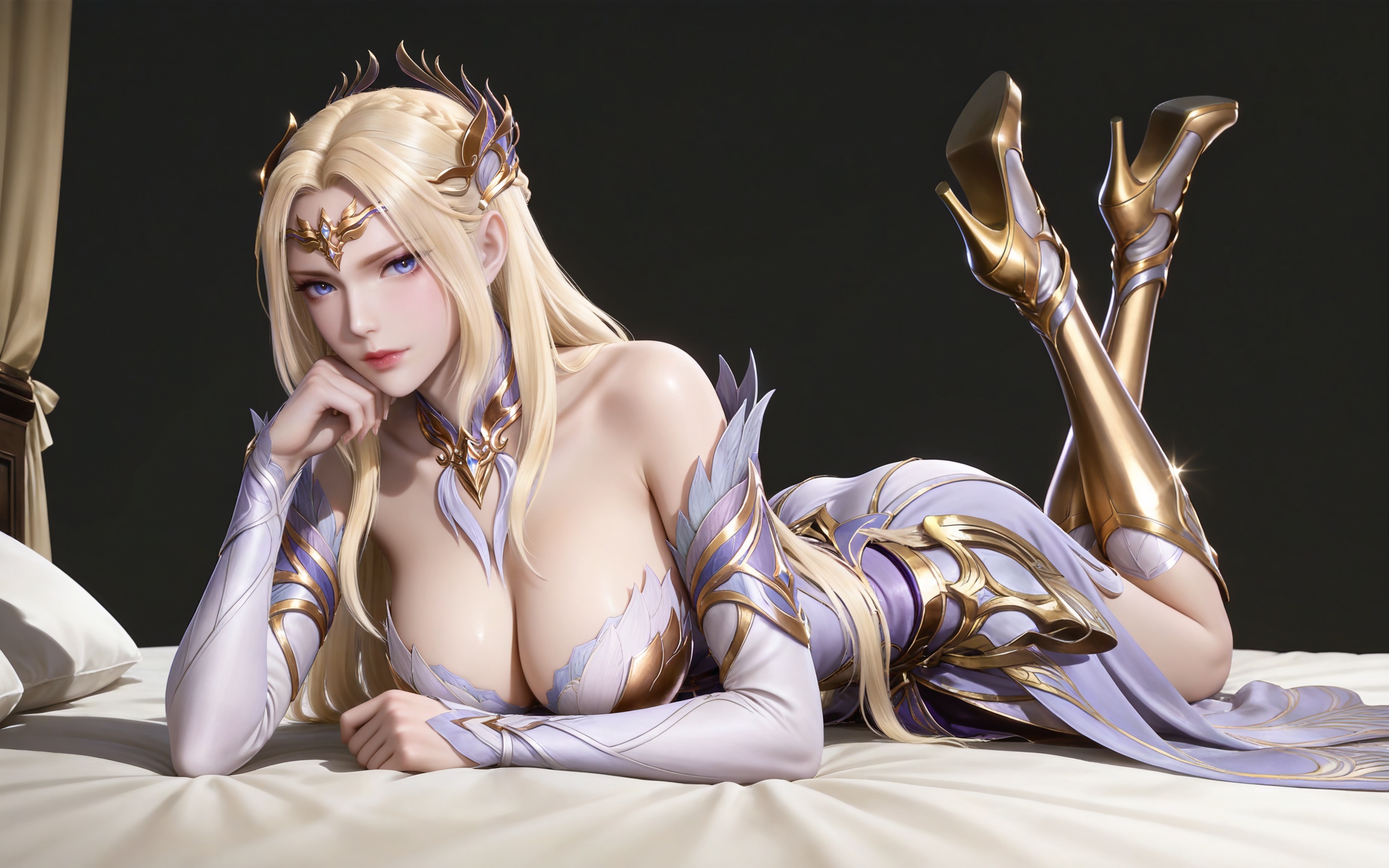 masterpiece,high quality,tall,game cg,highres,(soft light:1.2),(white_skin:0.6),(shiny_skin:0.6),(realistic:1.1),(looking_at_viewer:1.1),lvjing,simple background,,cleavage,large breasts,,blonde hair,long hair,french braid,hair_ornament,very long hair,crown,qianrenxue laurel crown,blue eyes,qianrenxue white and purple dress,qianrenxue armored dress,armored boots,knee boots,gold footwear,black_background,detached_sleeves,long_sleeves,full body,leg up,legs,long legs,bed,on stomach,feet up,