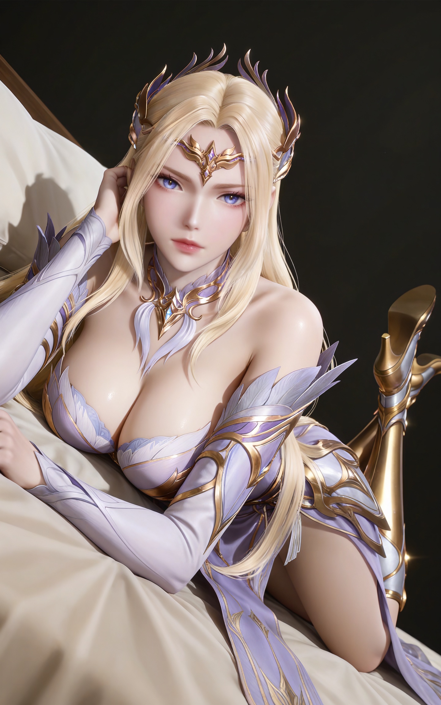 masterpiece,high quality,tall,game cg,highres,(soft light:1.2),(white_skin:0.6),(shiny_skin:0.6),(realistic:1.1),(looking_at_viewer:1.1),lvjing,simple background,,cleavage,large breasts,,blonde hair,long hair,french braid,hair_ornament,very long hair,crown,qianrenxue laurel crown,blue eyes,qianrenxue white and purple dress,qianrenxue armored dress,armored boots,knee boots,gold footwear,black_background,detached_sleeves,long_sleeves,full body,leg up,legs,long legs,bed,on stomach,feet up,